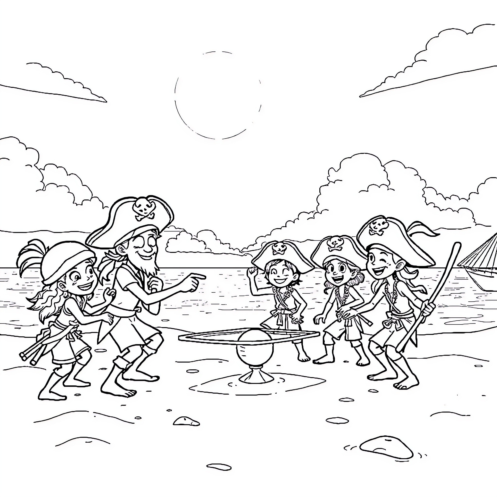 Straw Hat Pirate Crew Enjoying Adventure on the Beach Coloring Page (free black-and-white line drawing printable PDF for all, from beginners to advanced learners, including children, teens, adults, and seniors)