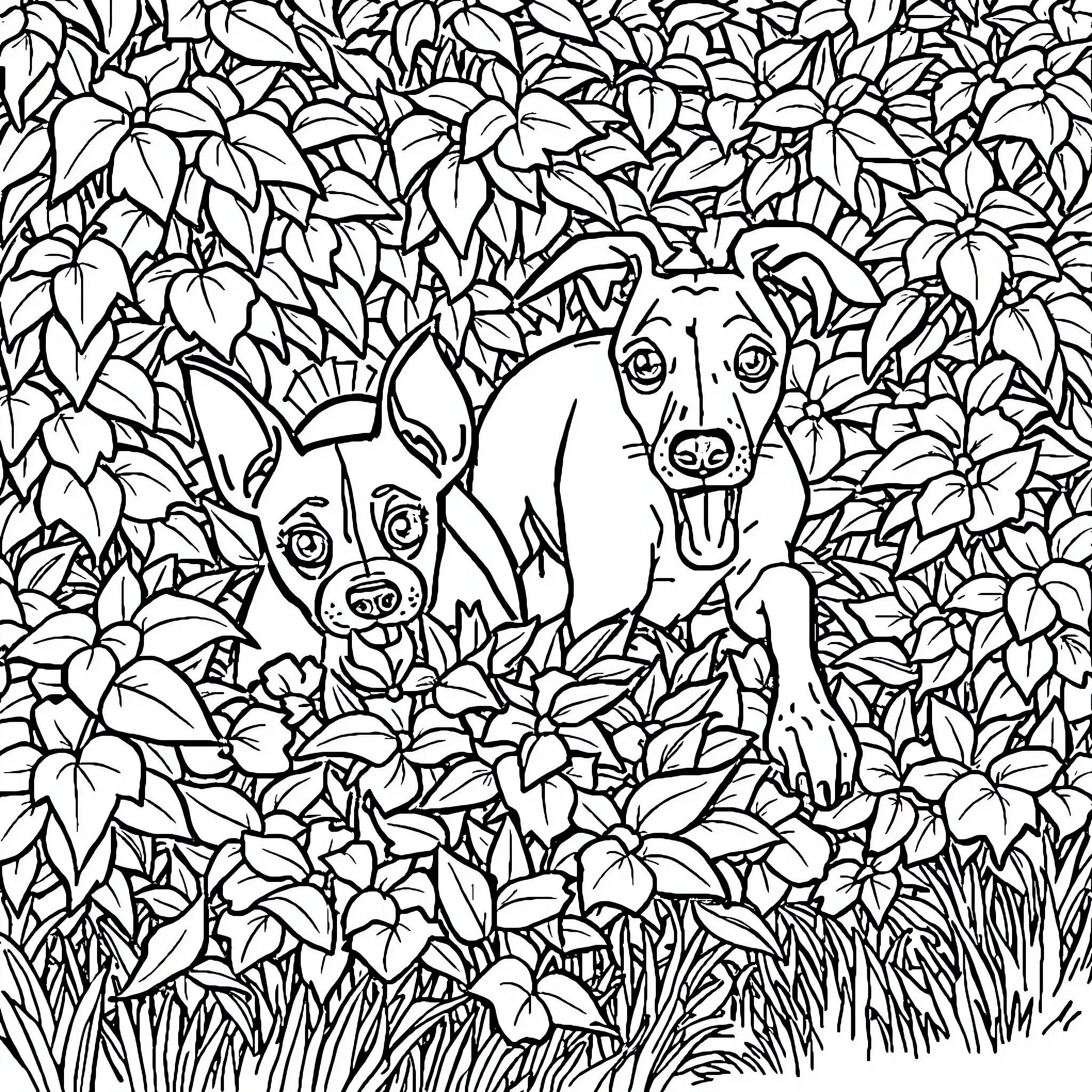Dog friends playing in the leafy garden Coloring Page (free black-and-white line drawing printable PDF for all, from beginners to advanced learners, including children, teens, adults, and seniors)