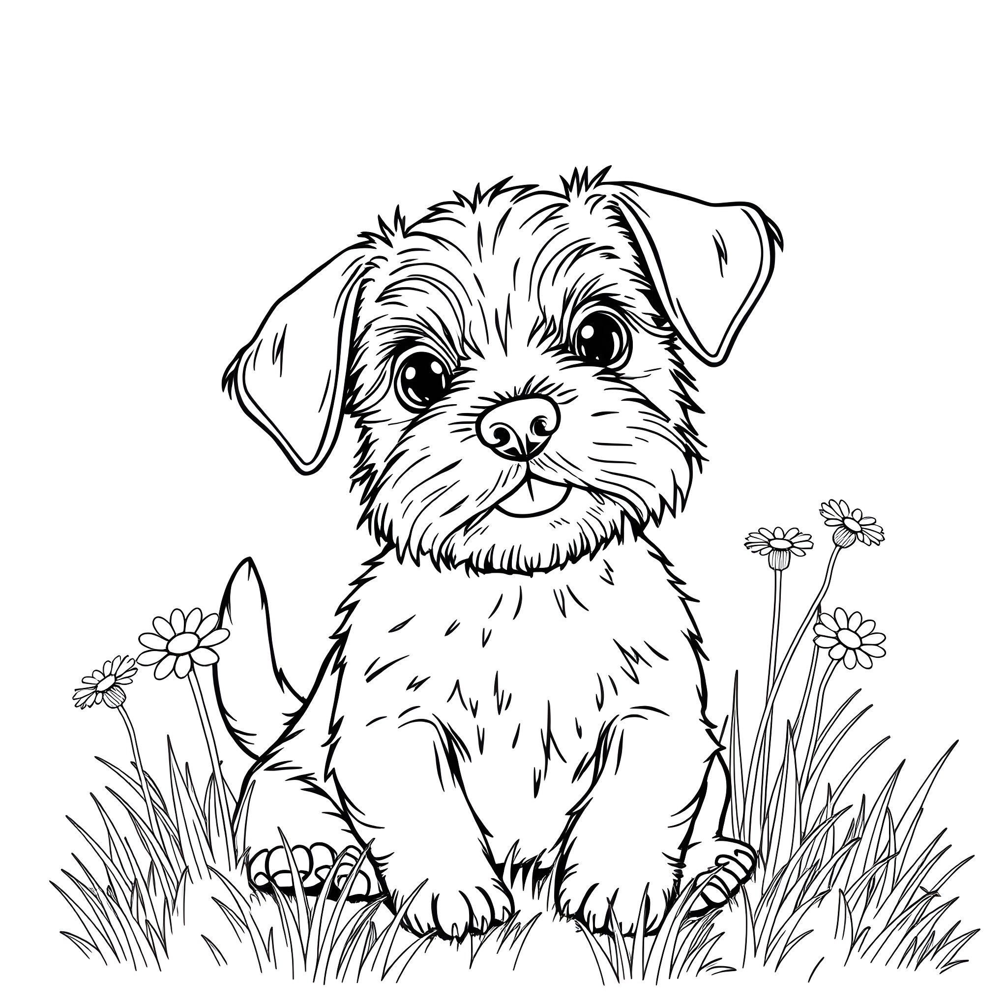 Terrier Puppy Enjoys Flowers in the Garden Coloring Page (free black-and-white line drawing printable PDF for all, from beginners to advanced learners, including children, teens, adults, and seniors)
