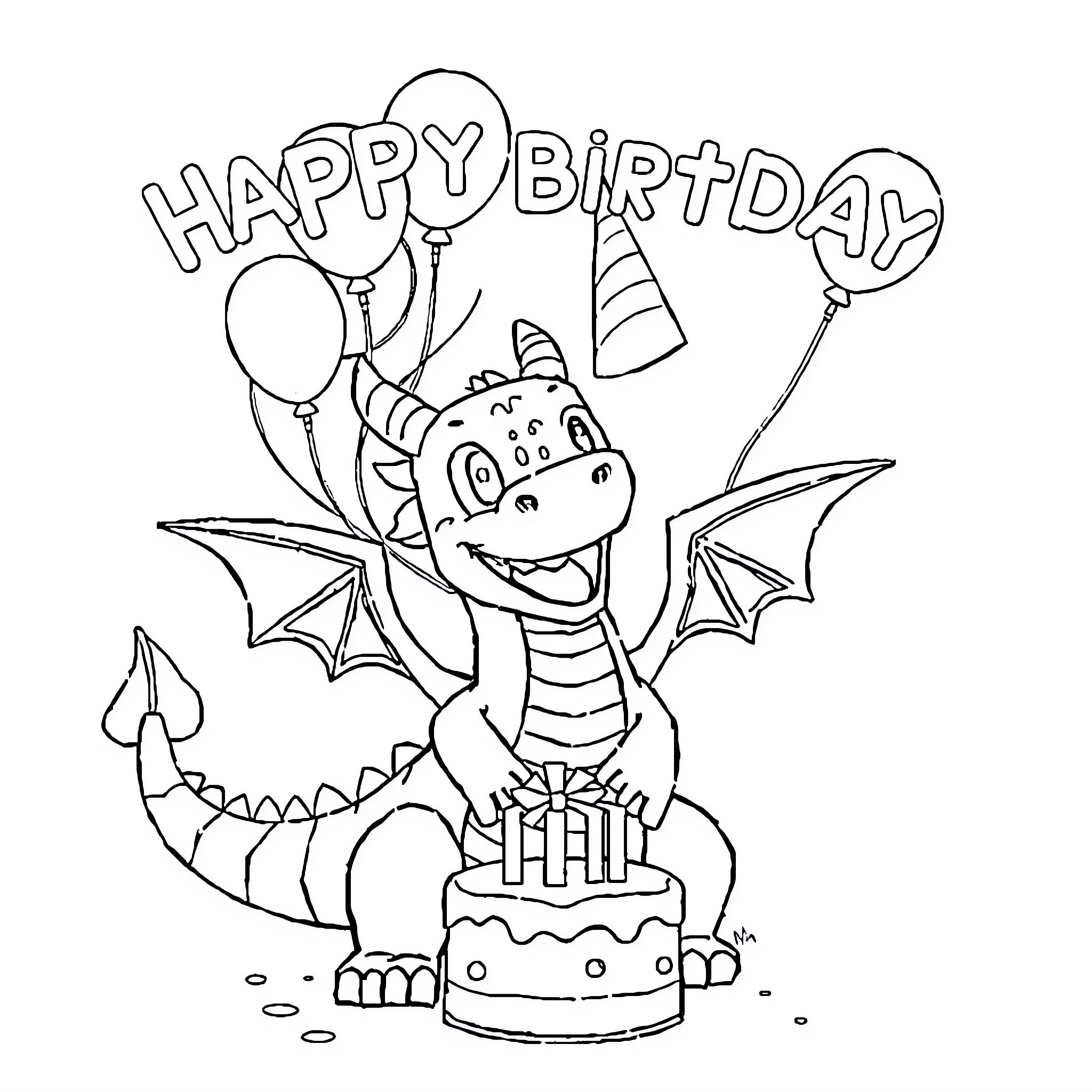 Ender Dragon celebrating birthday with balloons and cake Coloring Page (free black-and-white line drawing printable PDF for all, from beginners to advanced learners, including children, teens, adults, and seniors)