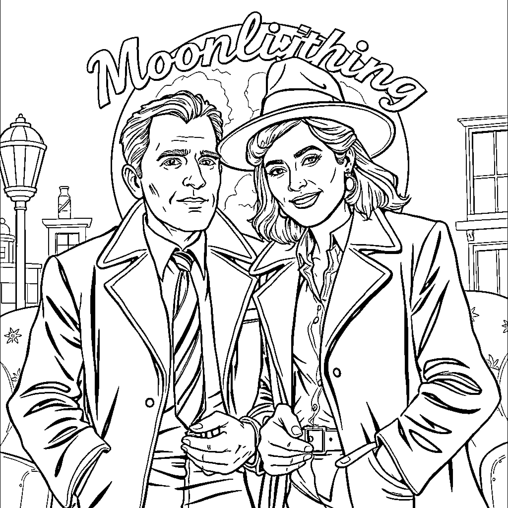 Moonlighting - Detective duo on the night beat Coloring Page (free black-and-white line drawing printable PDF for all, from beginners to advanced learners, including children, teens, adults, and seniors)