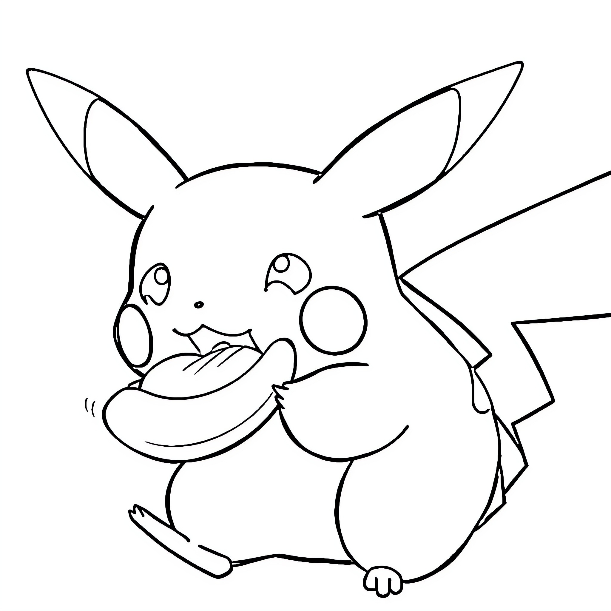 Pikachu enjoying a snack Coloring Page (free black-and-white line drawing printable PDF for all, from beginners to advanced learners, including children, teens, adults, and seniors)