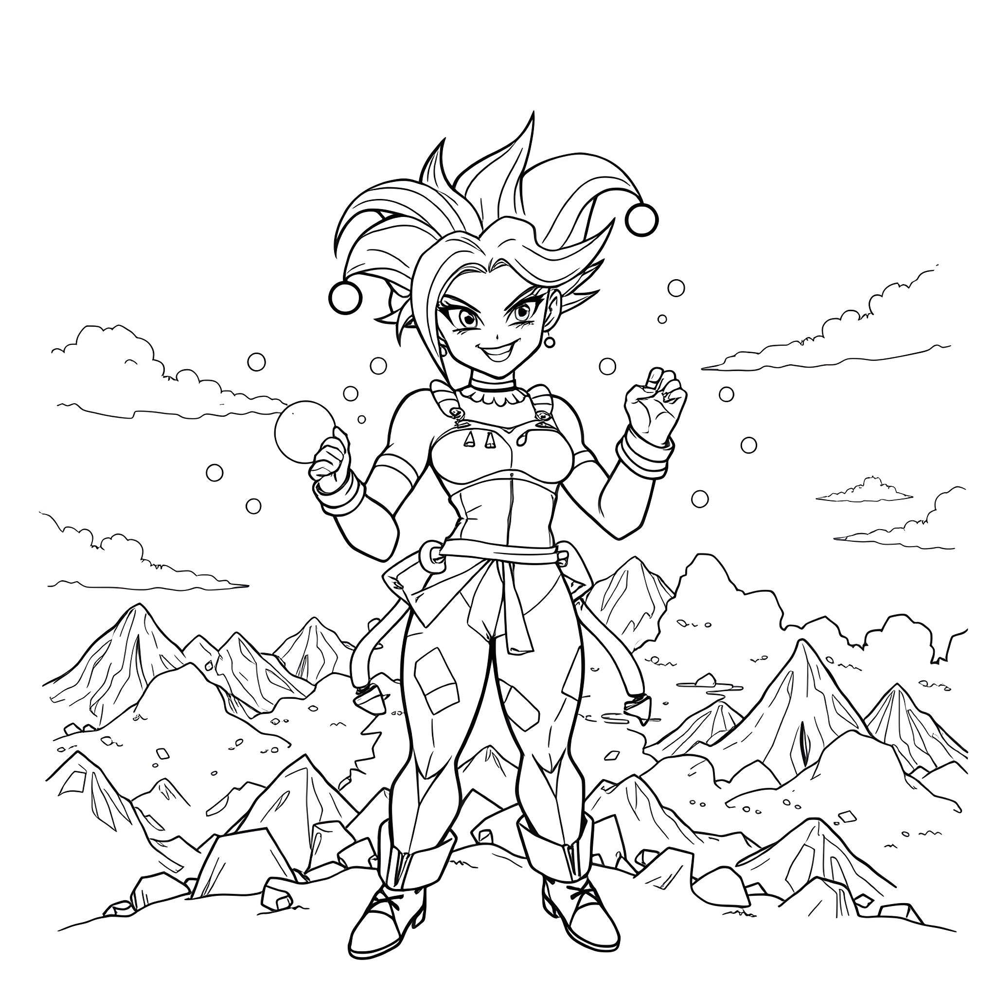 Harley Quinn in action-packed adventure Coloring Page (free black-and-white line drawing printable PDF for all, from beginners to advanced learners, including children, teens, adults, and seniors)