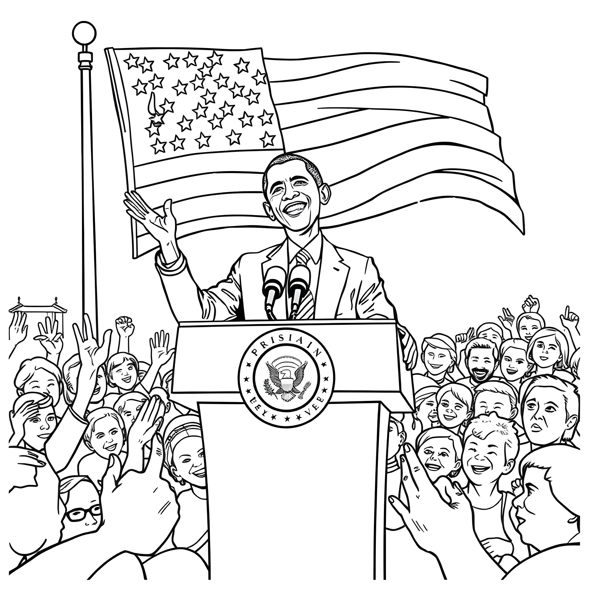 Obama delivering speech at podium with American flag Coloring Page (free black-and-white line drawing printable PDF for all, from beginners to advanced learners, including children, teens, adults, and seniors)
