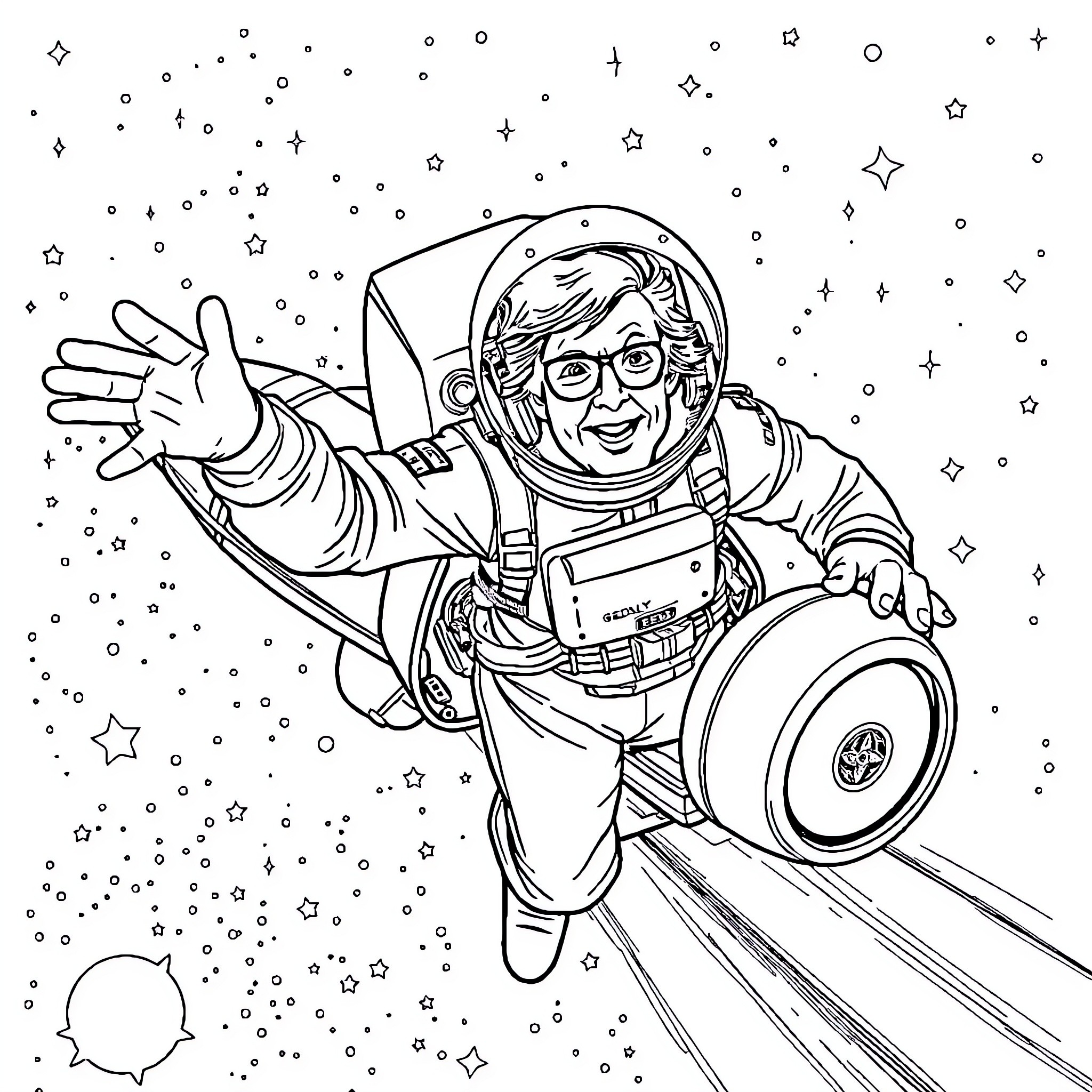 Spaceship adventure with a smiling astronaut Coloring Page (free black-and-white line drawing printable PDF for all, from beginners to advanced learners, including children, teens, adults, and seniors)