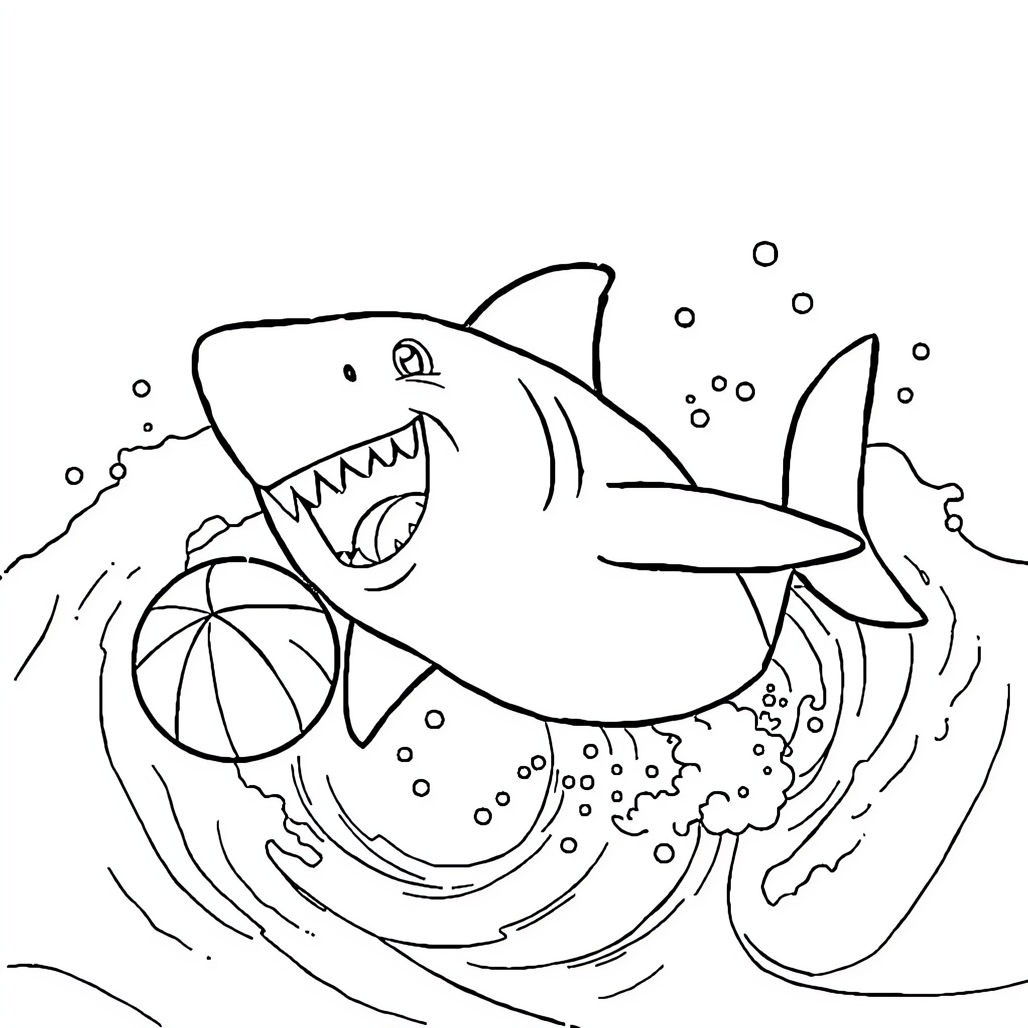 Baby Shark playing joyfully with beach ball Coloring Page (free black-and-white line drawing printable PDF for all, from beginners to advanced learners, including children, teens, adults, and seniors)