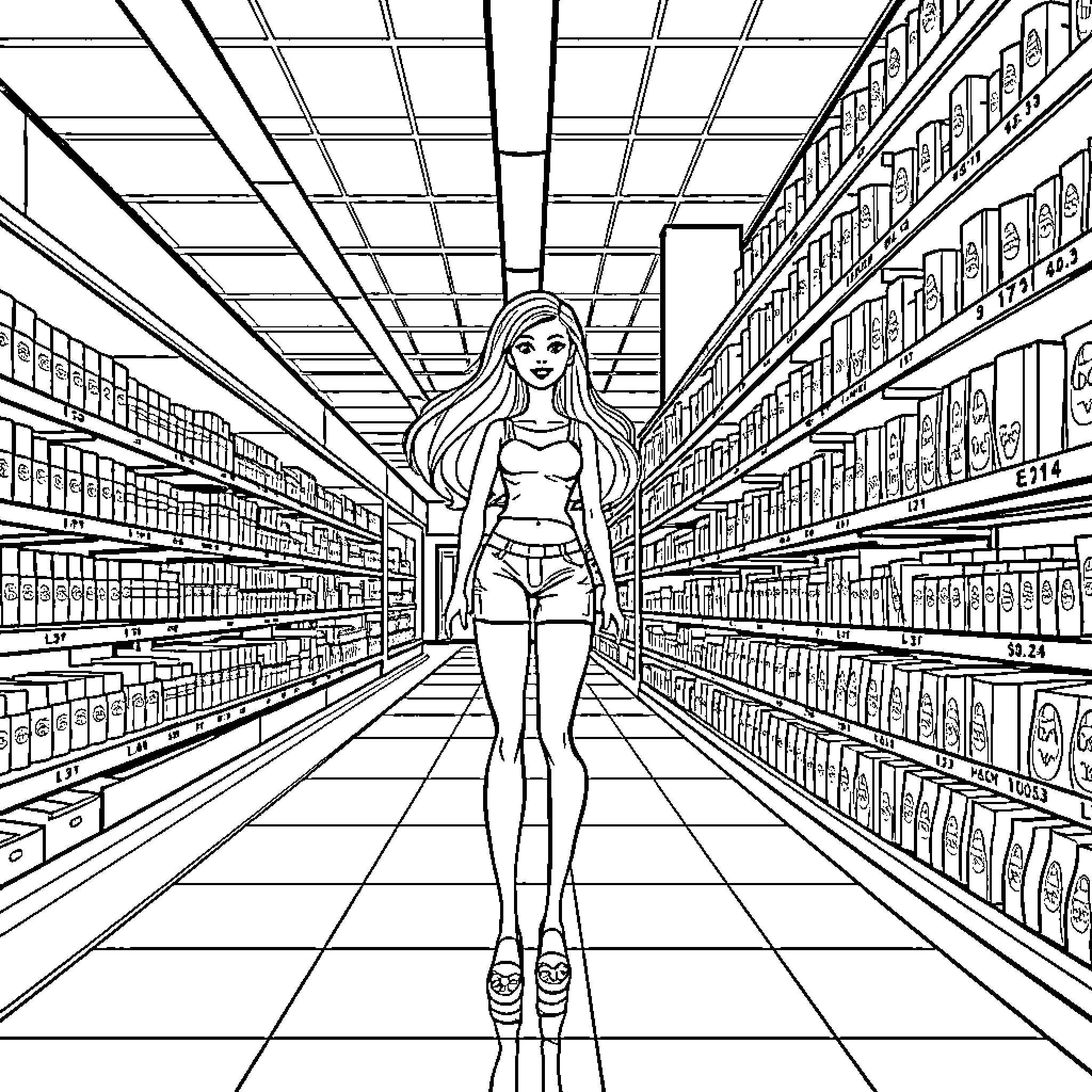 Barbie Exploring the Supermarket Aisles Coloring Page (free black-and-white line drawing printable PDF for all, from beginners to advanced learners, including children, teens, adults, and seniors)