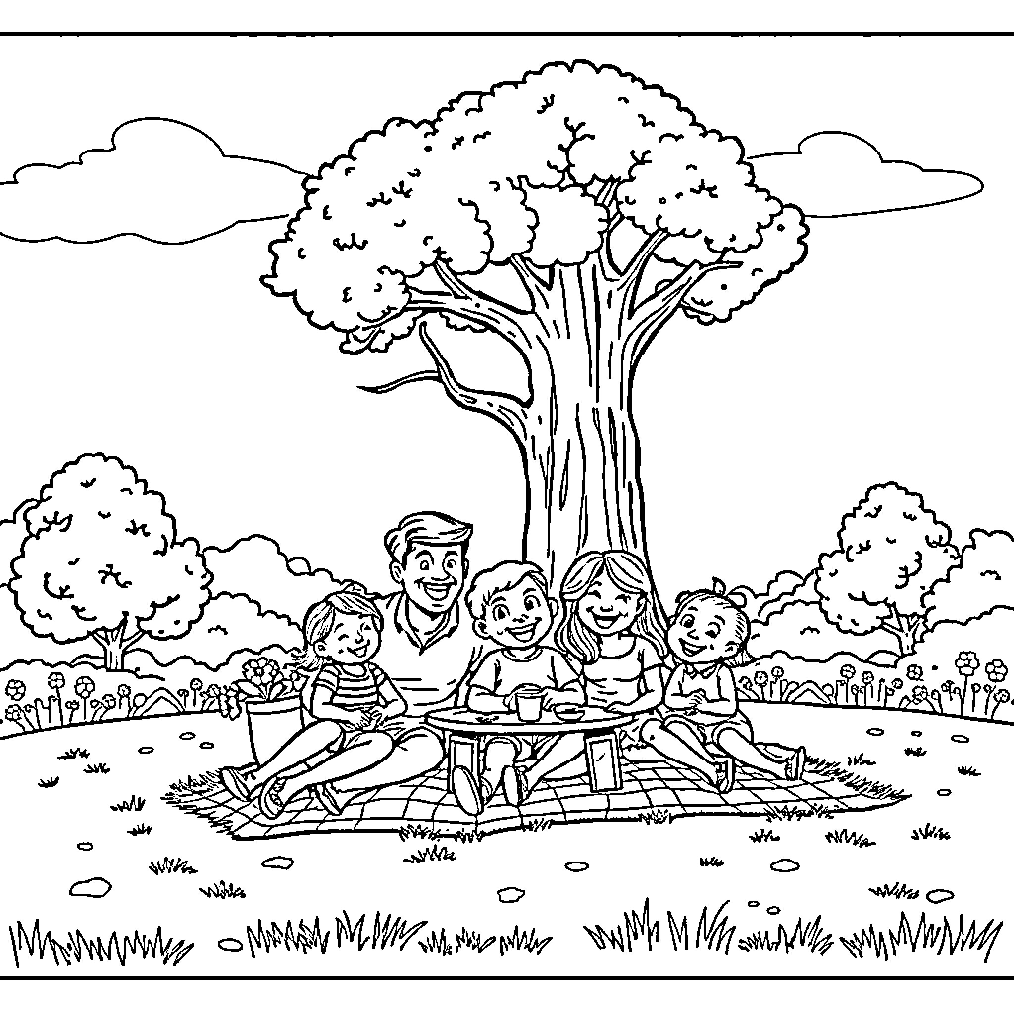 Family Enjoying Picnic Outdoors Under Tree Coloring Page (free black-and-white line drawing printable PDF for all, from beginners to advanced learners, including children, teens, adults, and seniors)