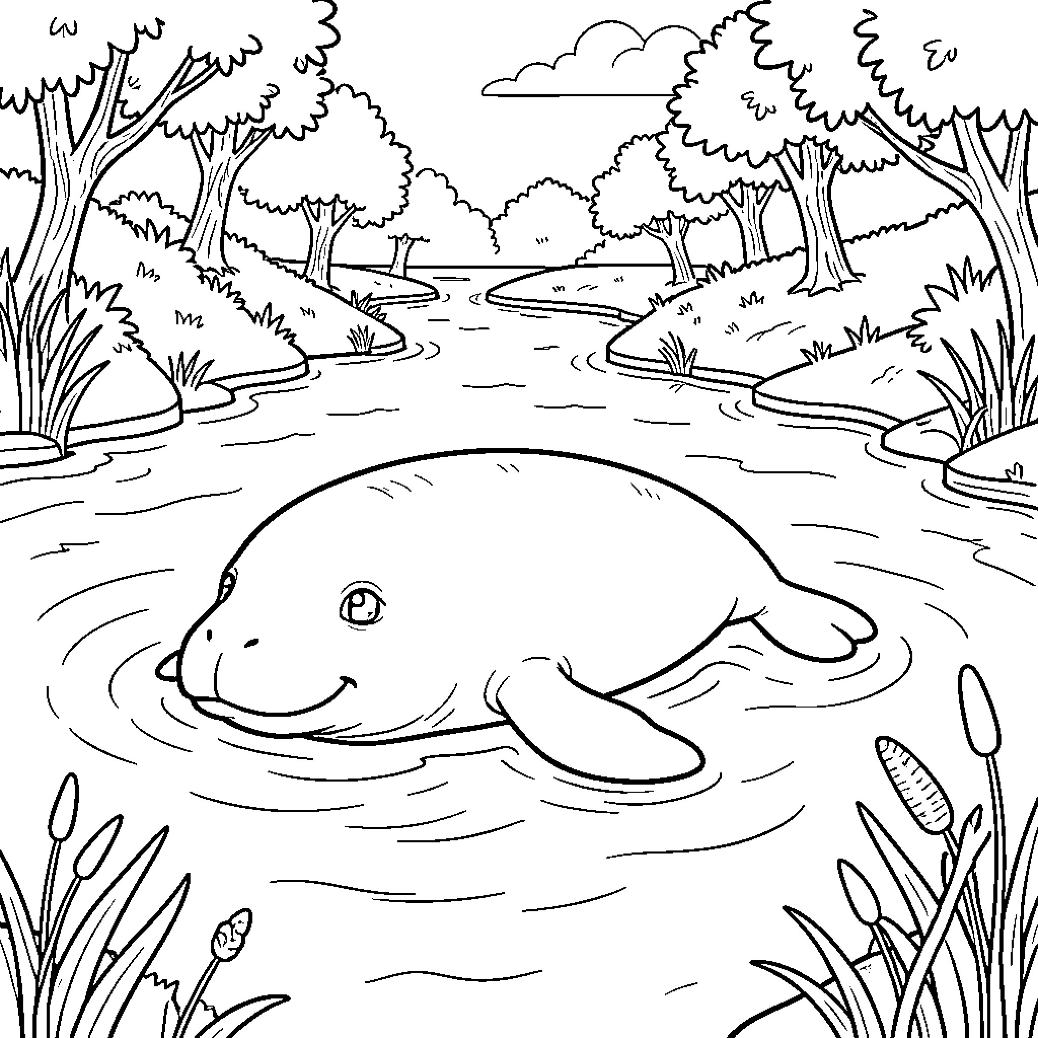 Manatee swimming peacefully in a river surrounded by trees Coloring Page (free black-and-white line drawing printable PDF for all, from beginners to advanced learners, including children, teens, adults, and seniors)