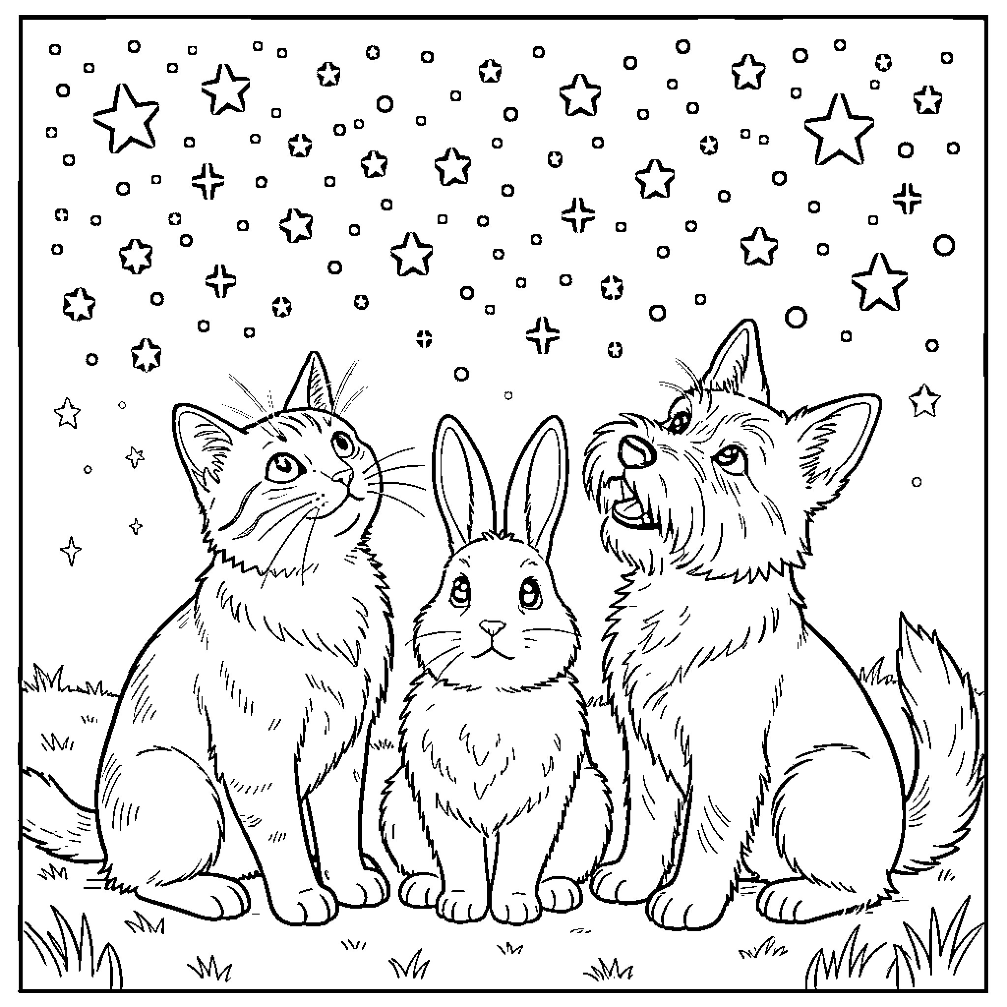 Cat, rabbit, and dog in a starry night scene Coloring Page (free black-and-white line drawing printable PDF for all, from beginners to advanced learners, including children, teens, adults, and seniors)