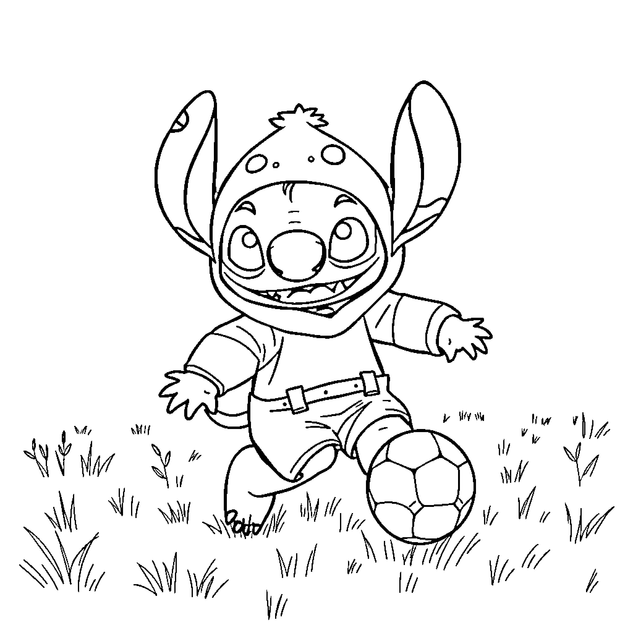 Stitch playing with soccer ball in the grass Coloring Page (free black-and-white line drawing printable PDF for all, from beginners to advanced learners, including children, teens, adults, and seniors)