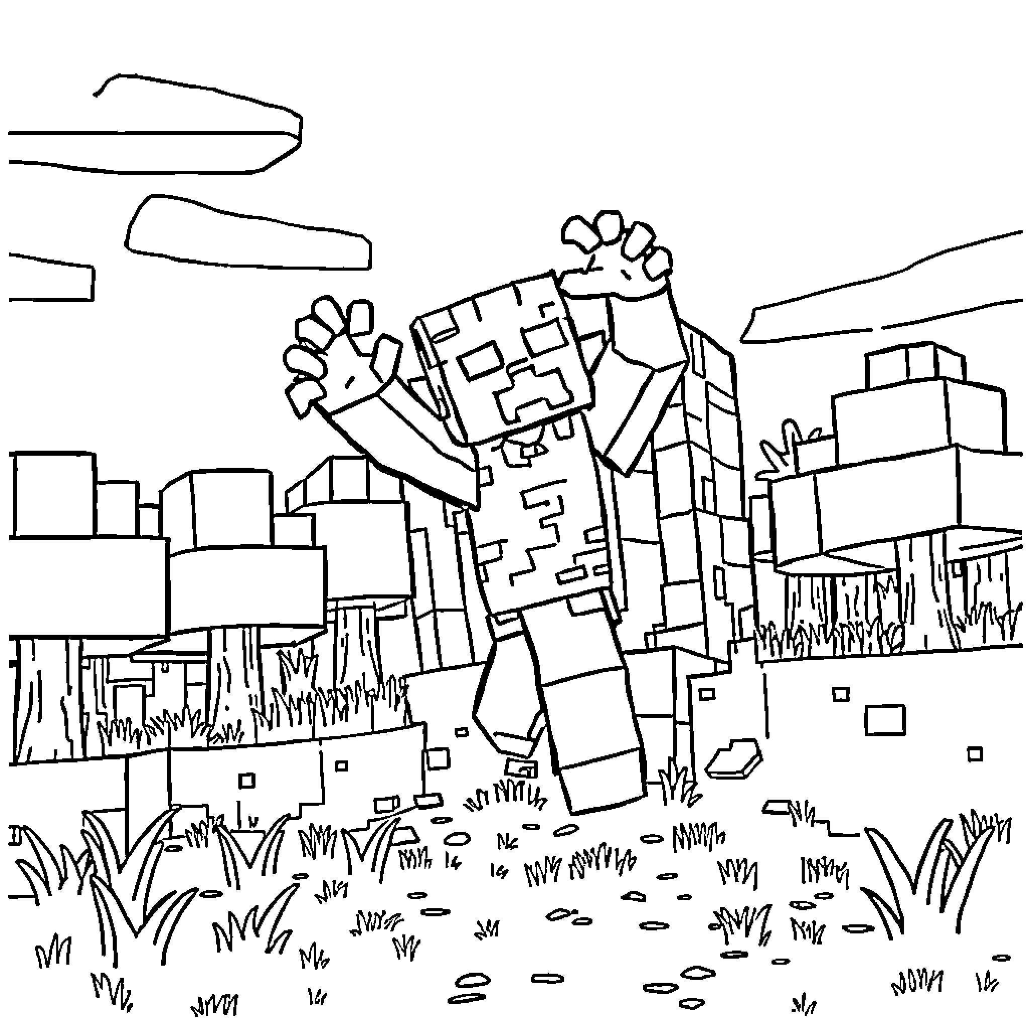 Zombie fighting against buildings in a chaotic scene Coloring Page (free black-and-white line drawing printable PDF for all, from beginners to advanced learners, including children, teens, adults, and seniors)