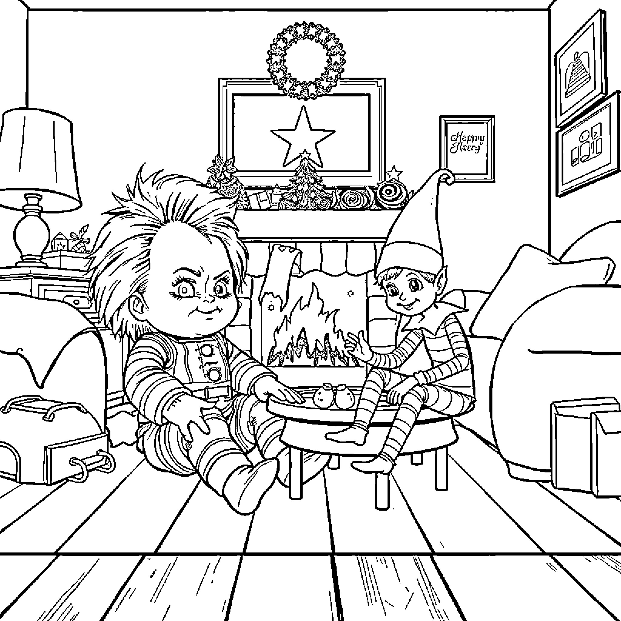 Chucky Crafting Creepy Christmas Decor Coloring Page (free black-and-white line drawing printable PDF for all, from beginners to advanced learners, including children, teens, adults, and seniors)
