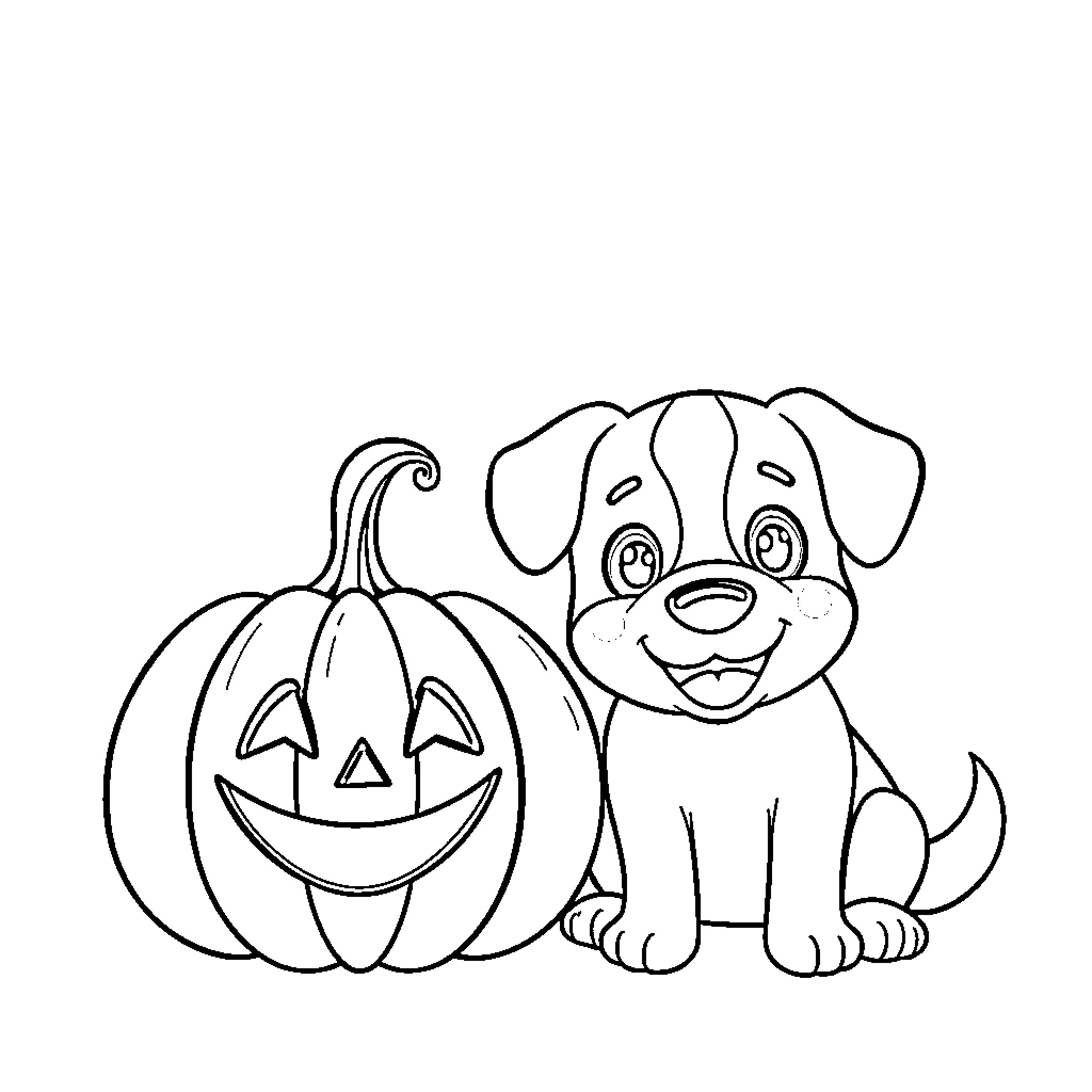 Pumpkin and Puppy Pals Coloring Page (free black-and-white line drawing printable PDF for all, from beginners to advanced learners, including children, teens, adults, and seniors)