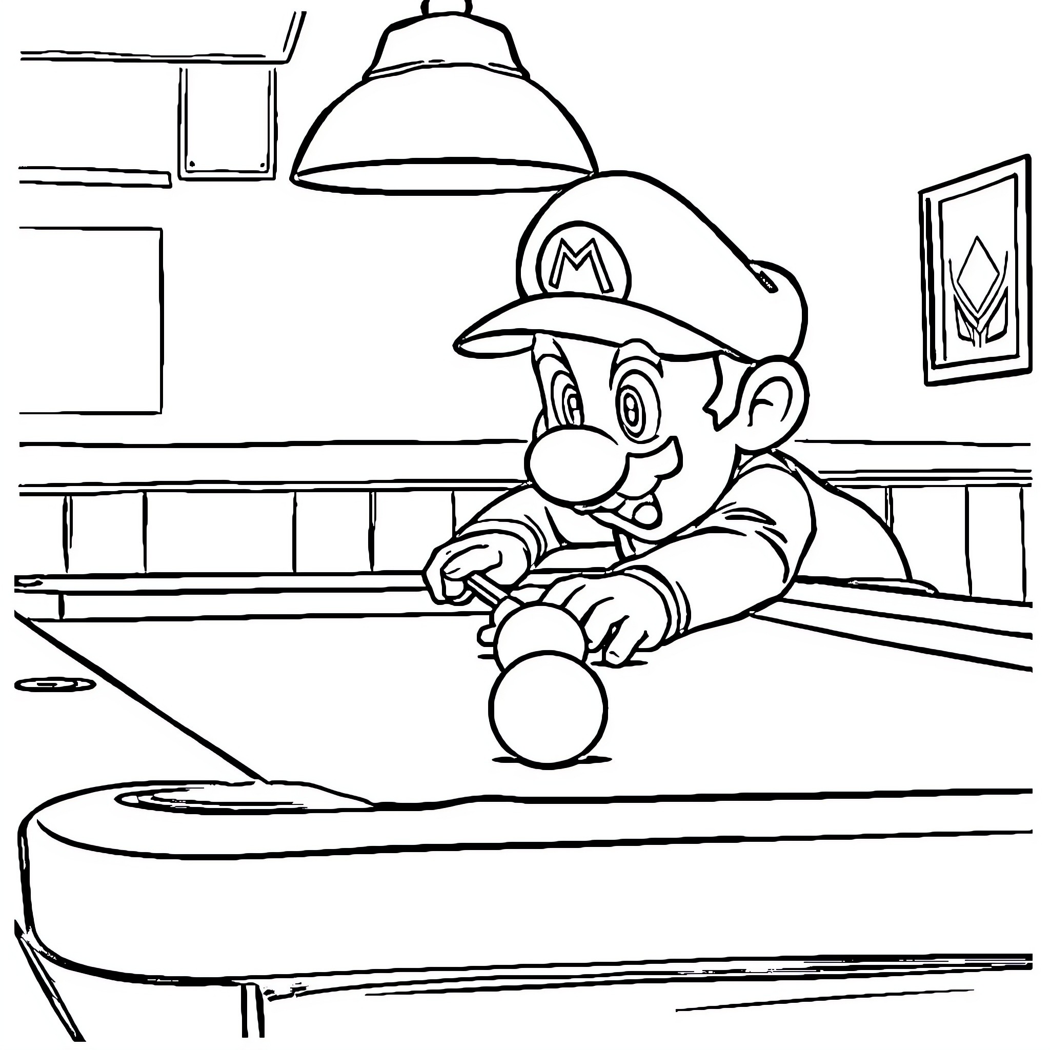 Mario Enjoying a Day Indoors Coloring Page (free black-and-white line drawing printable PDF for all, from beginners to advanced learners, including children, teens, adults, and seniors)