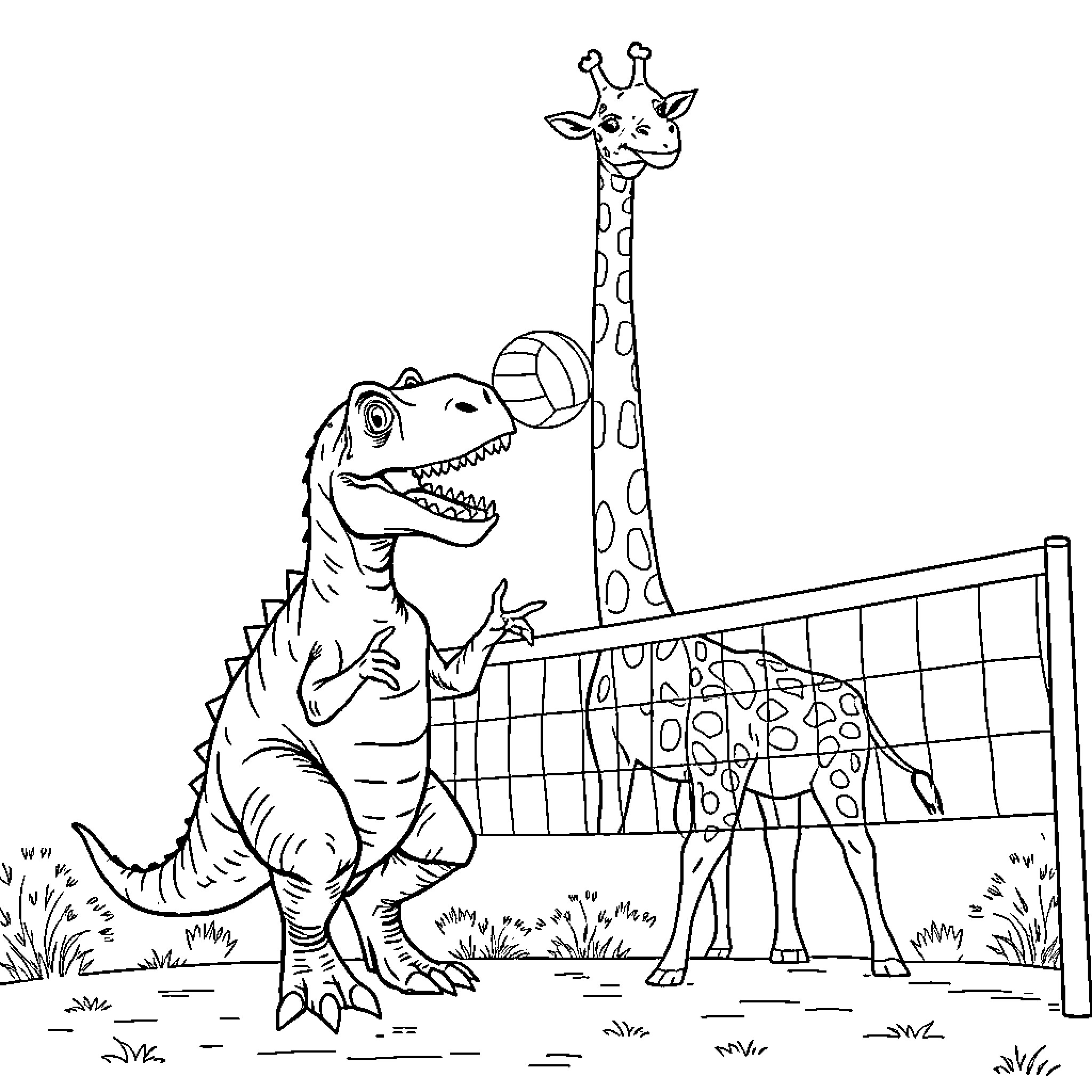 T-Rex and Giraffe Playing Volleyball Coloring Page (free black-and-white line drawing printable PDF for all, from beginners to advanced learners, including children, teens, adults, and seniors)