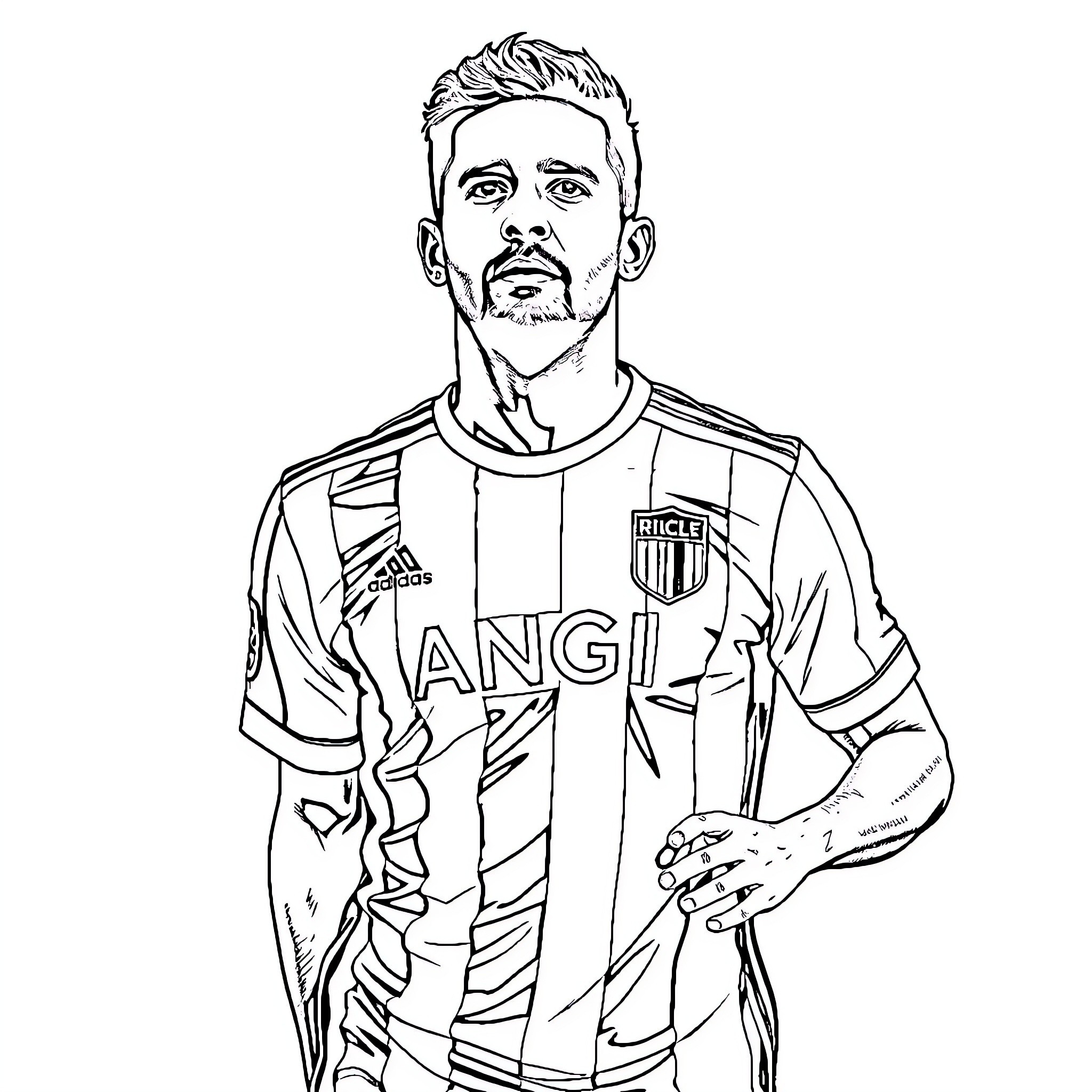 Julian Alvares in soccer uniform posing on field Coloring Page (free black-and-white line drawing printable PDF for all, from beginners to advanced learners, including children, teens, adults, and seniors)