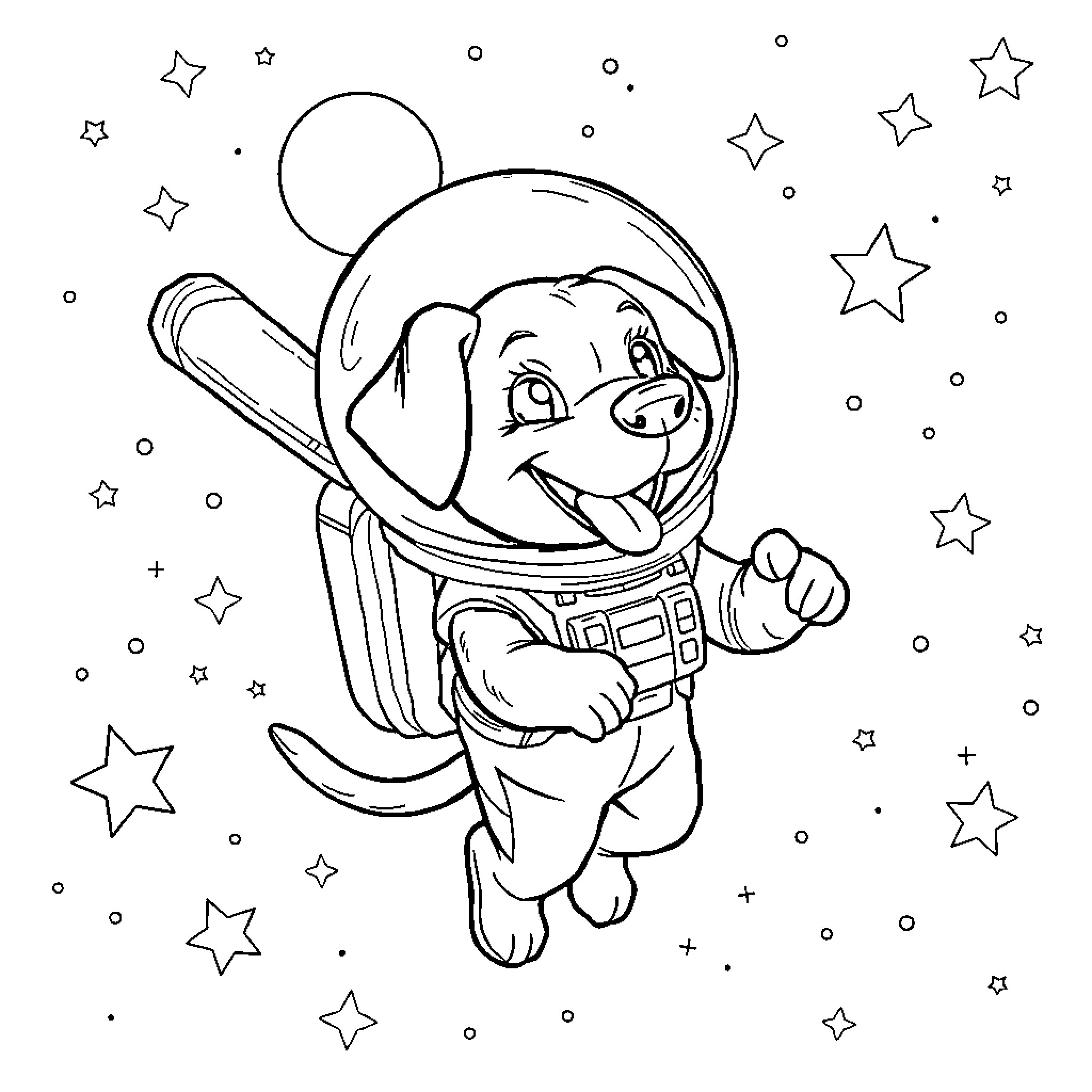 Lab Animal Astronaut Exploring the Stars Coloring Page (free black-and-white line drawing printable PDF for all, from beginners to advanced learners, including children, teens, adults, and seniors)