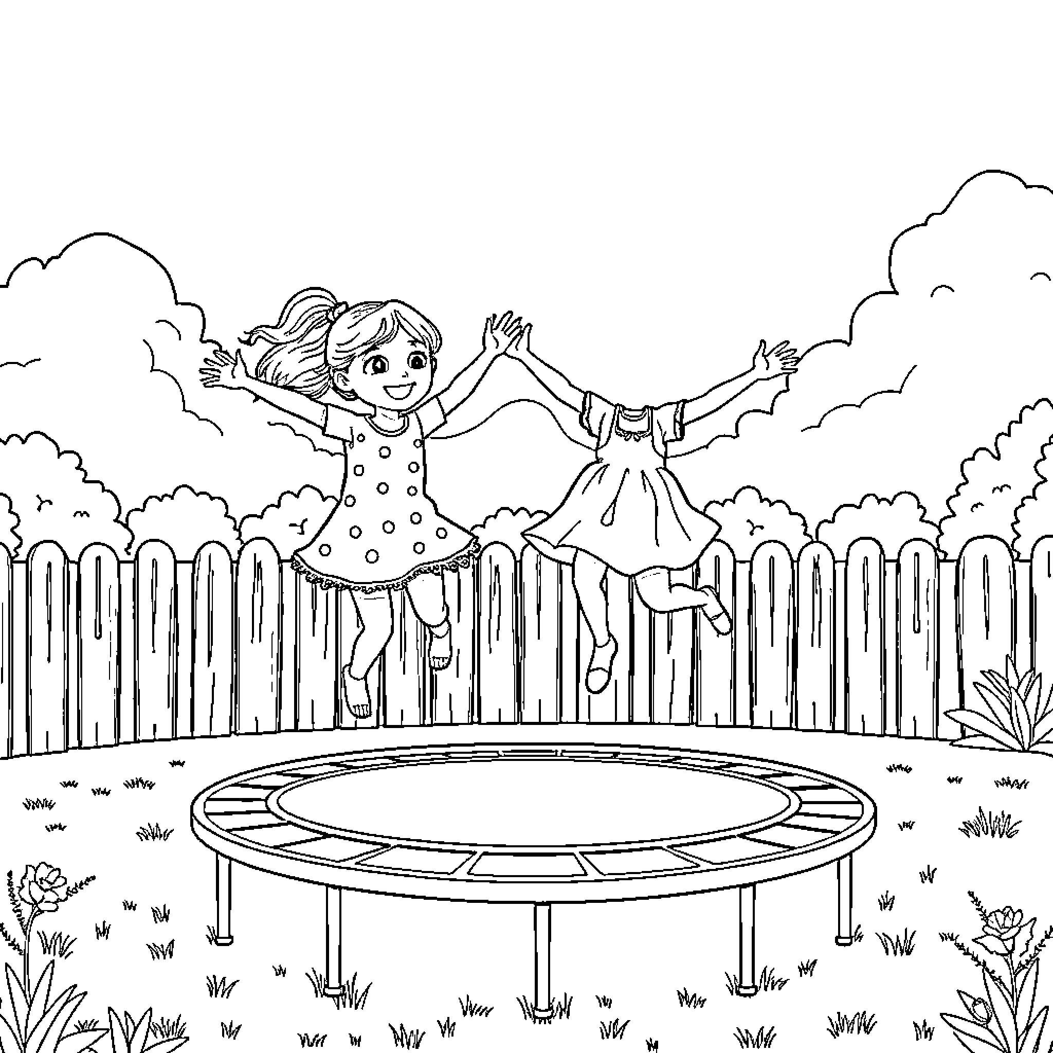 Girl jumping happily on trampoline in garden Coloring Page (free black-and-white line drawing printable PDF for all, from beginners to advanced learners, including children, teens, adults, and seniors)