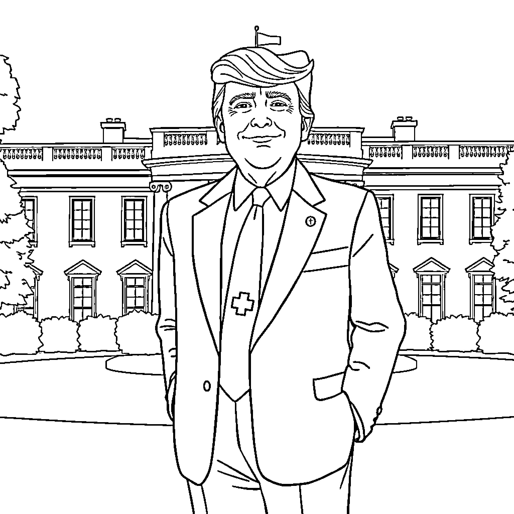 Donald Trump standing in front of the White House Coloring Page (free black-and-white line drawing printable PDF for all, from beginners to advanced learners, including children, teens, adults, and seniors)