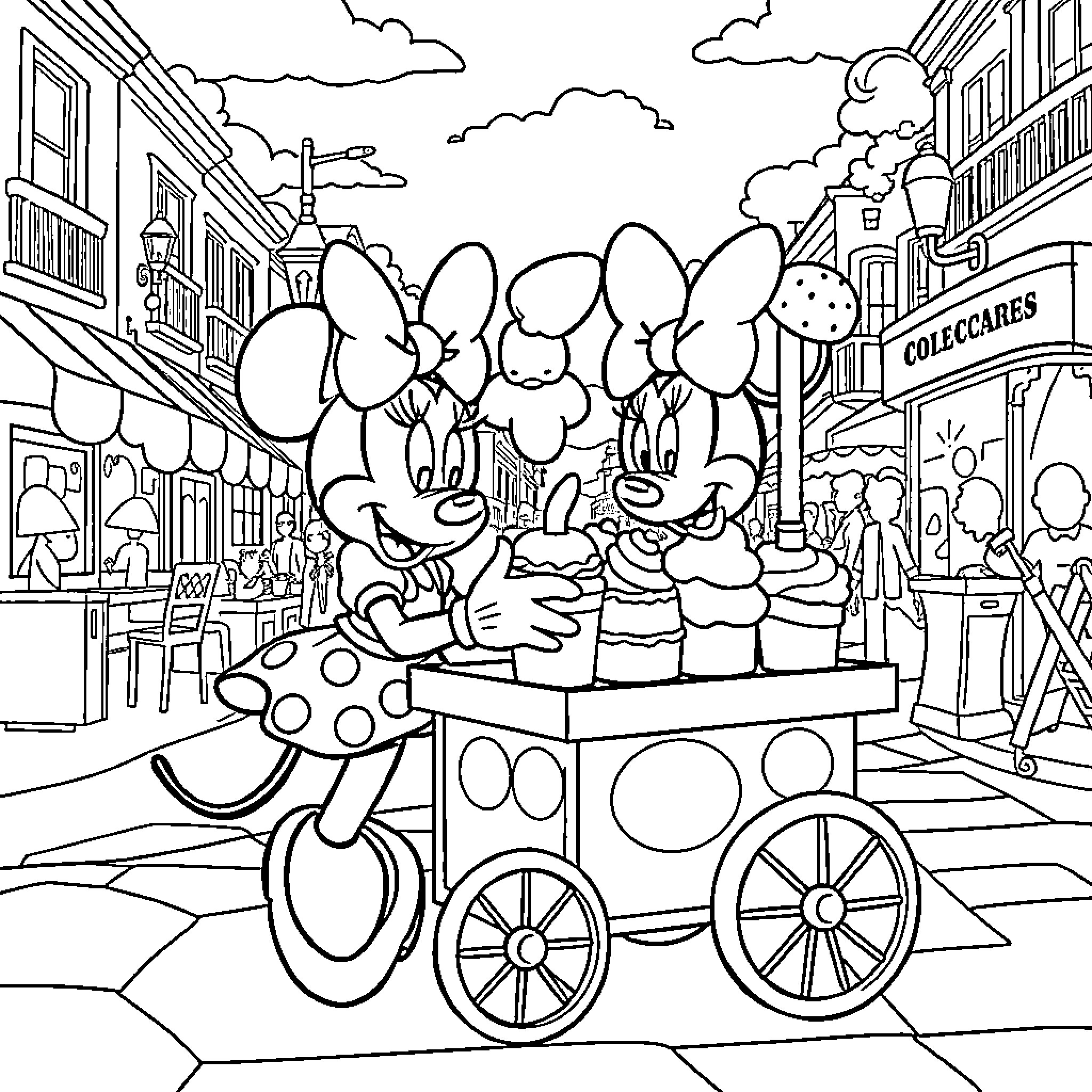 Minnie Mouse Selling Balloons in a Lively Town Coloring Page (free black-and-white line drawing printable PDF for all, from beginners to advanced learners, including children, teens, adults, and seniors)