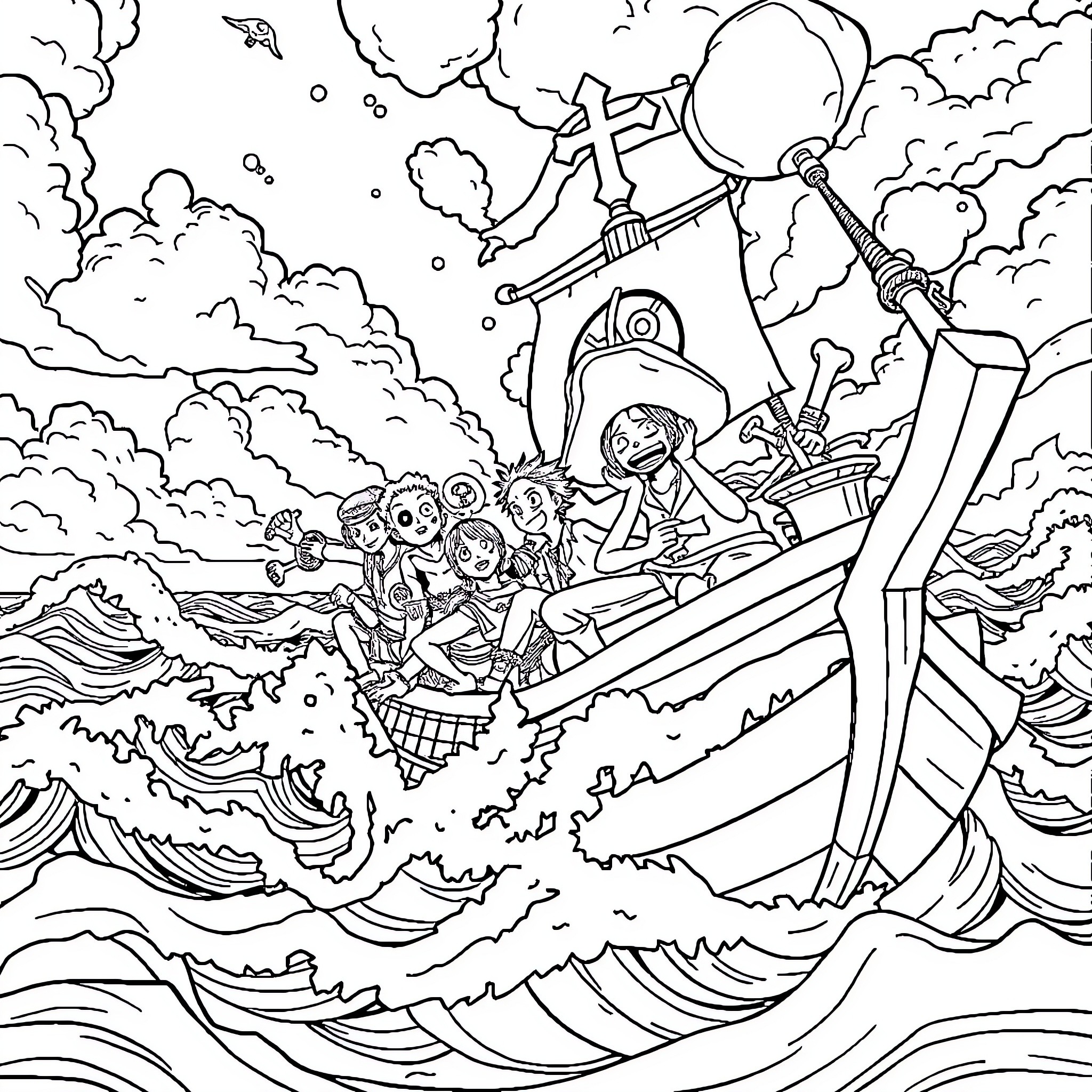 One Piece Adventure on the High Seas Coloring Page (free black-and-white line drawing printable PDF for all, from beginners to advanced learners, including children, teens, adults, and seniors)