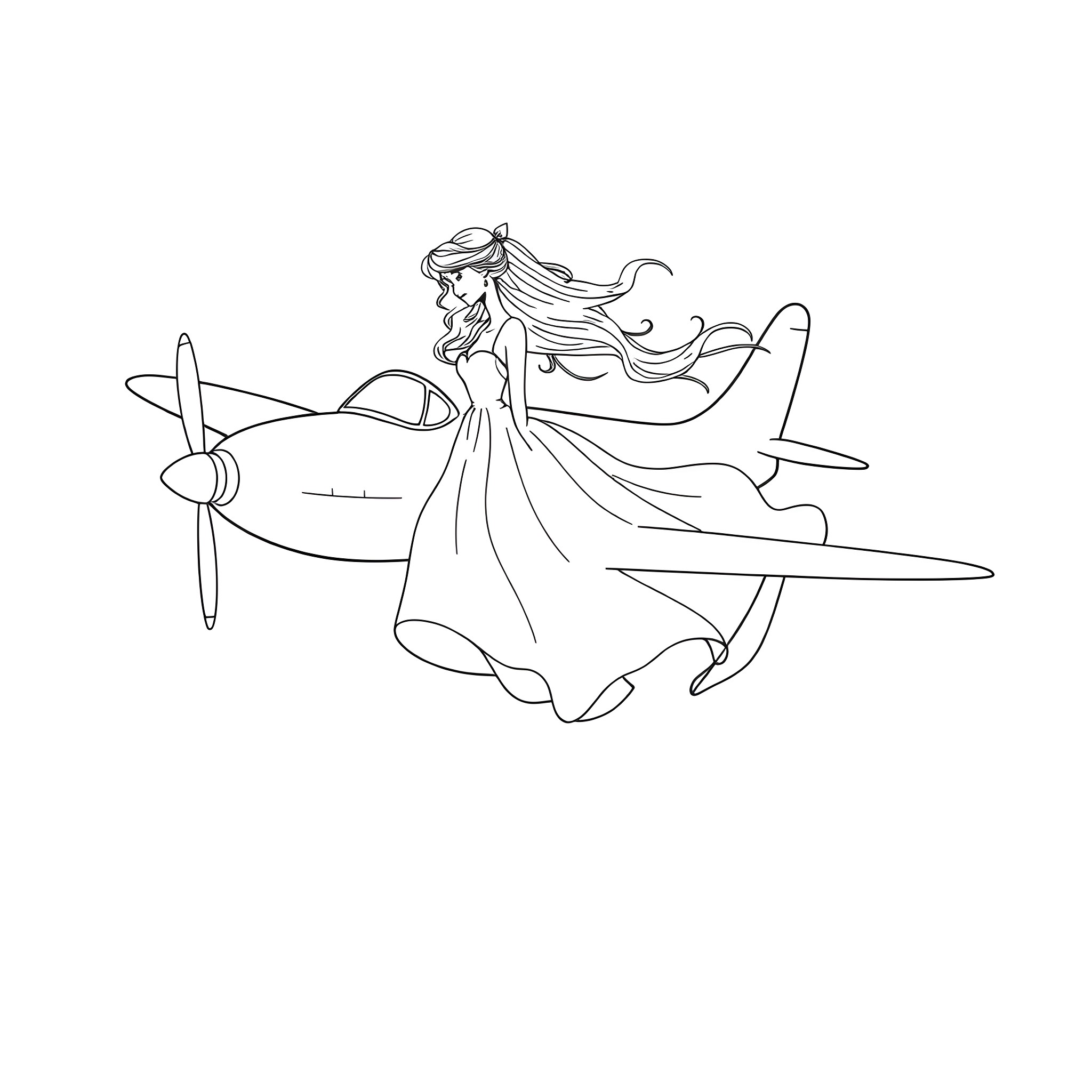 Airplane with woman in elegant dress flying Coloring Page (free black-and-white line drawing printable PDF for all, from beginners to advanced learners, including children, teens, adults, and seniors)