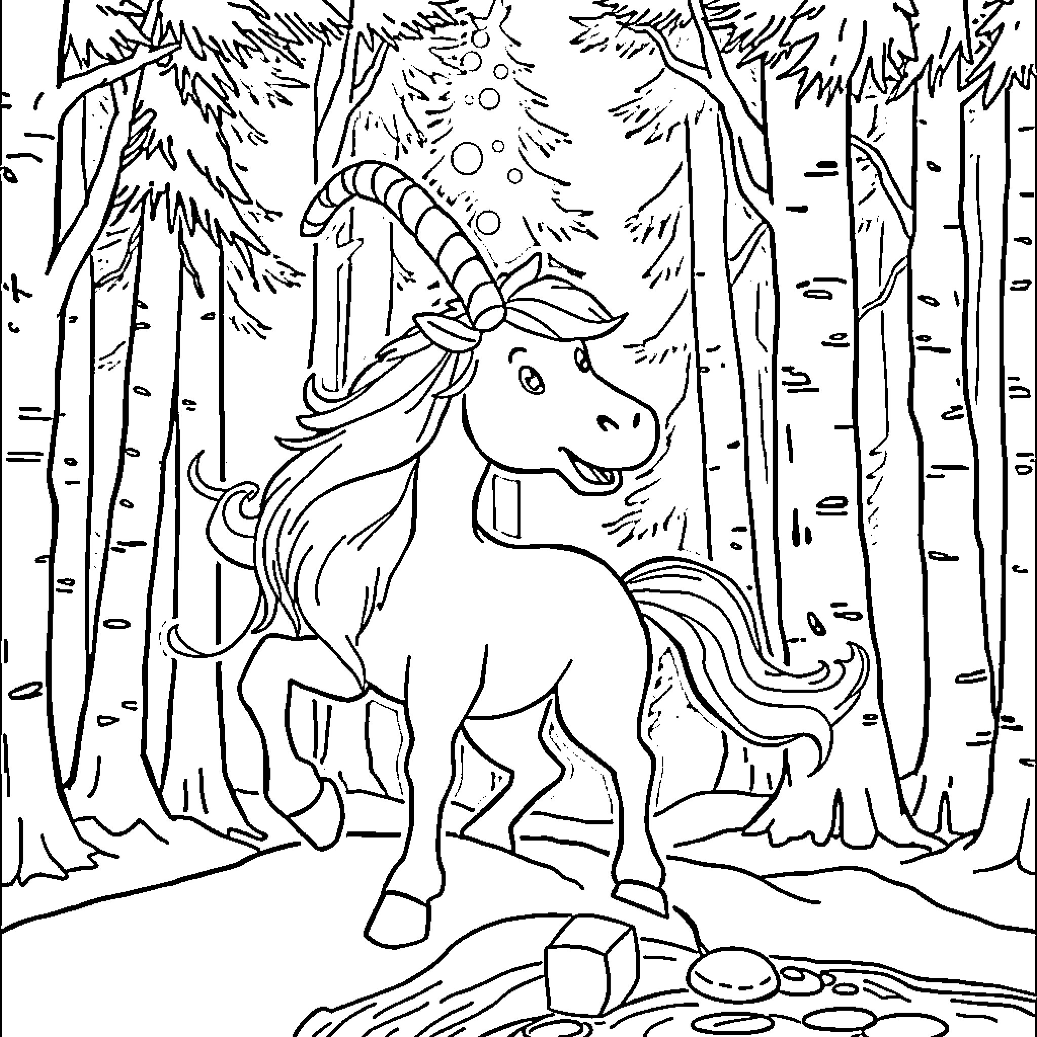Lutin unicorn frolicking in the forest Coloring Page (free black-and-white line drawing printable PDF for all, from beginners to advanced learners, including children, teens, adults, and seniors)