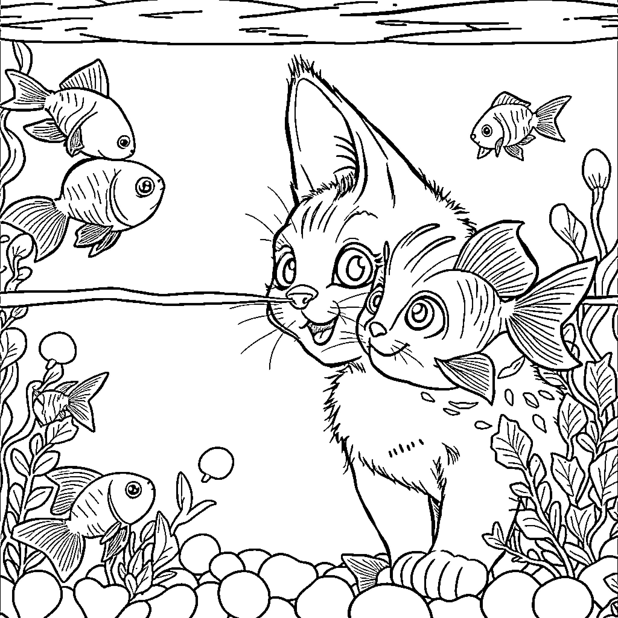 Kitten exploring an underwater world filled with colorful fish Coloring Page (free black-and-white line drawing printable PDF for all, from beginners to advanced learners, including children, teens, adults, and seniors)