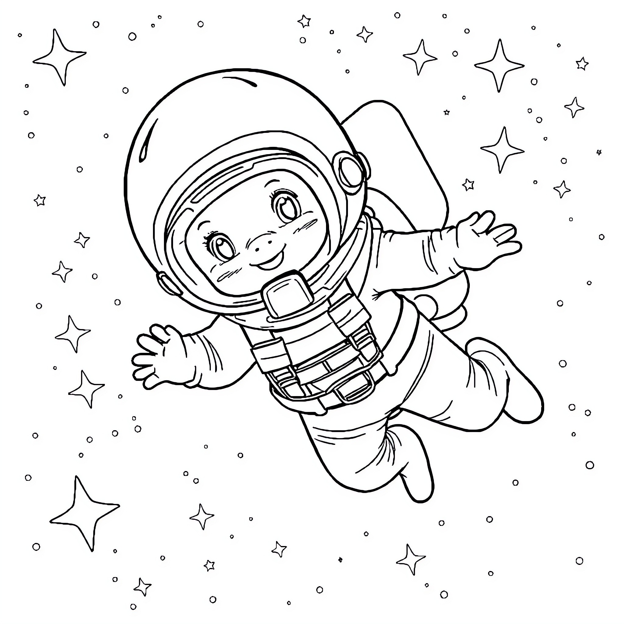 Baby Astronaut Exploring the Starry Cosmos Coloring Page (free black-and-white line drawing printable PDF for all, from beginners to advanced learners, including children, teens, adults, and seniors)