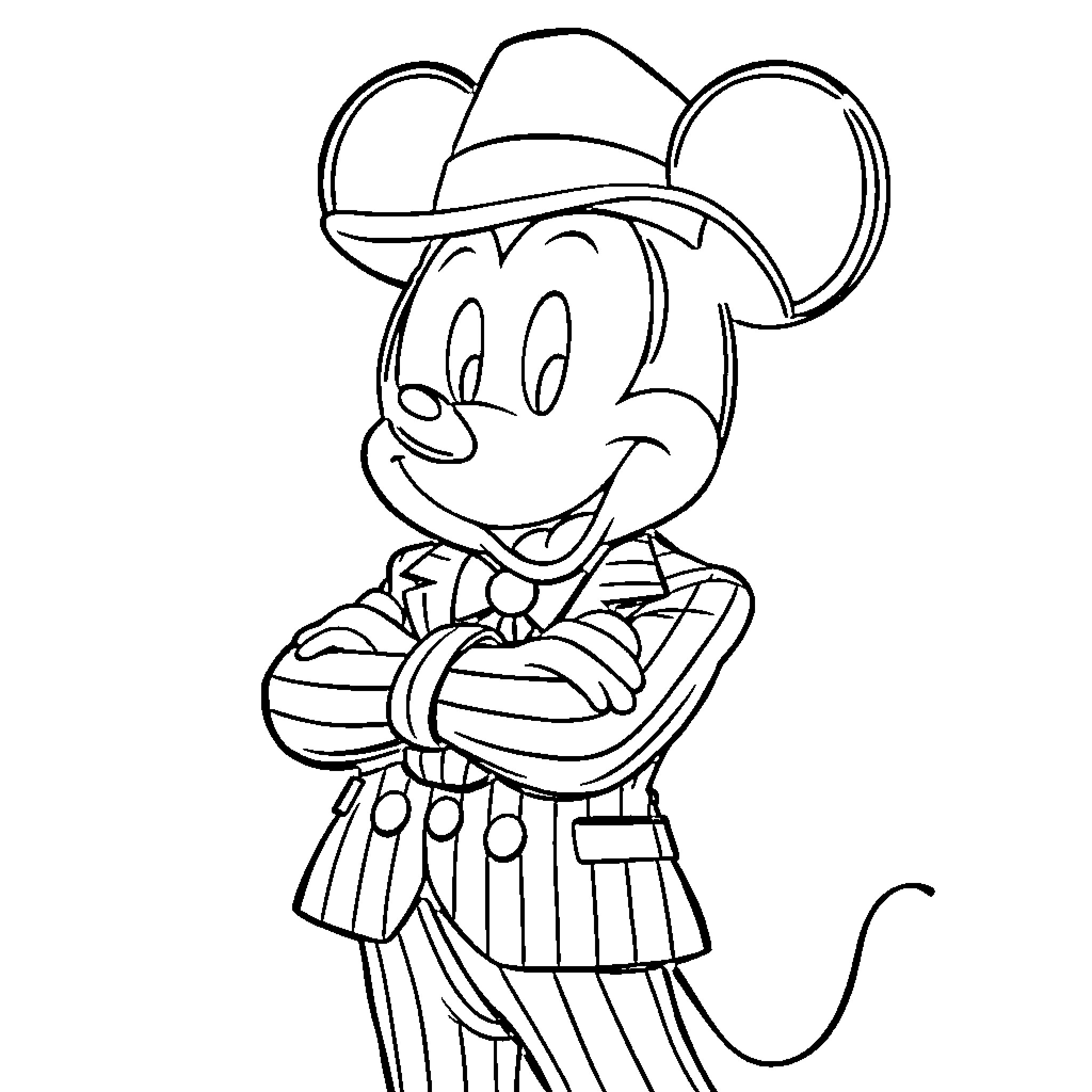 Mickey Mouse Dressed in Cowboy Outfit Coloring Page (free black-and-white line drawing printable PDF for all, from beginners to advanced learners, including children, teens, adults, and seniors)