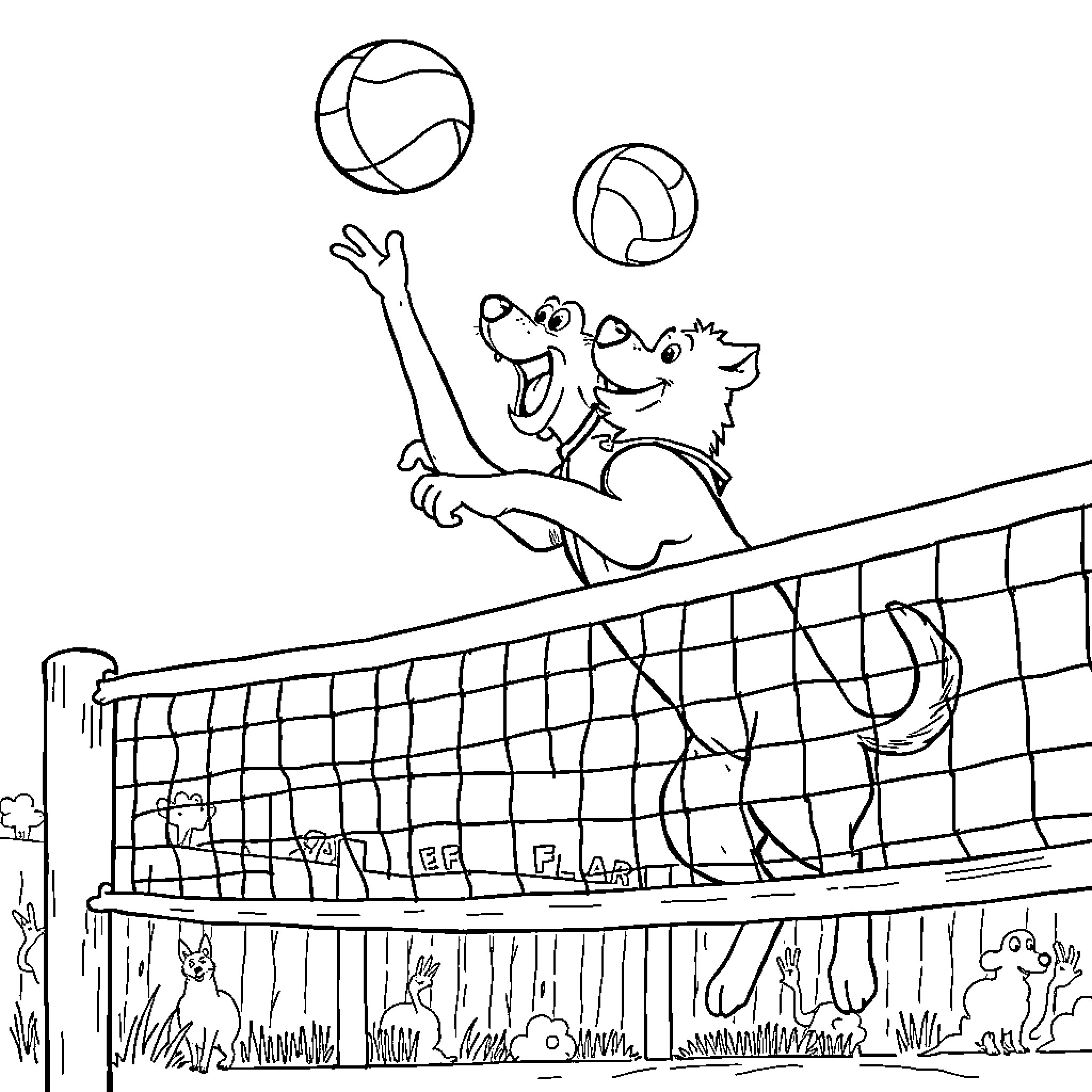 Dogman playing volleyball at the beach Coloring Page (free black-and-white line drawing printable PDF for all, from beginners to advanced learners, including children, teens, adults, and seniors)