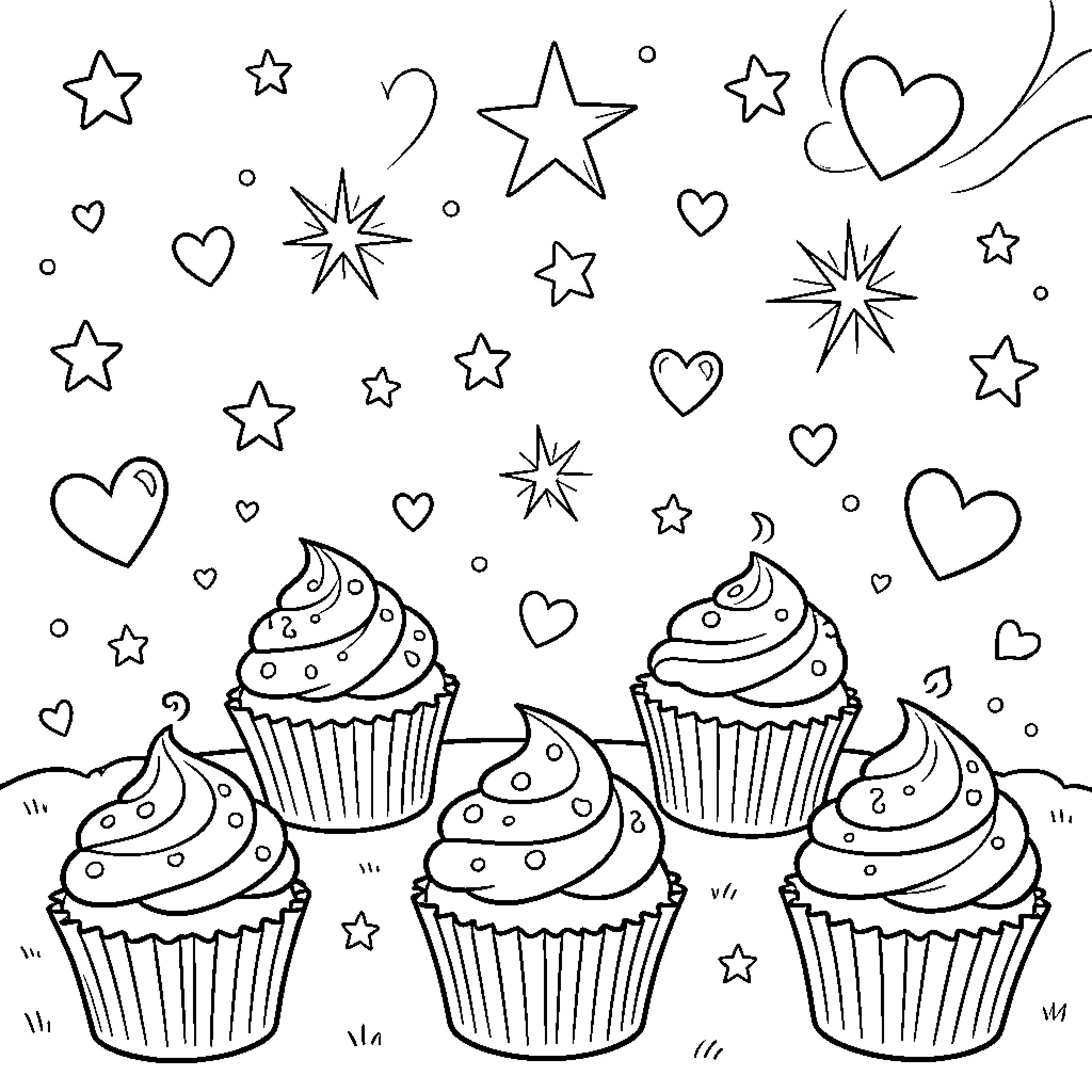 Harmony of cupcakes surrounded by stars and hearts Coloring Page (free black-and-white line drawing printable PDF for all, from beginners to advanced learners, including children, teens, adults, and seniors)