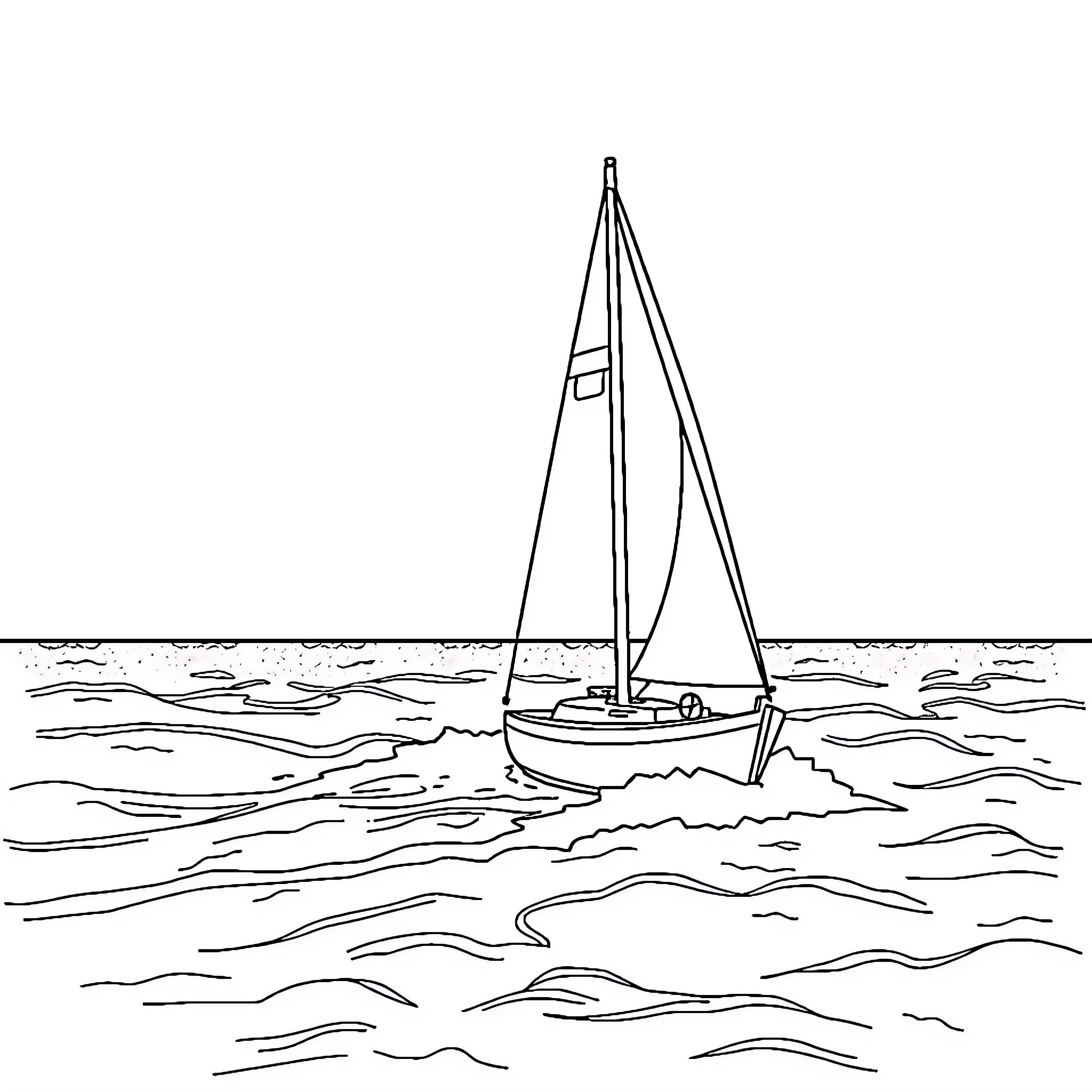 Sailboat gliding across serene waters Coloring Page (free black-and-white line drawing printable PDF for all, from beginners to advanced learners, including children, teens, adults, and seniors)