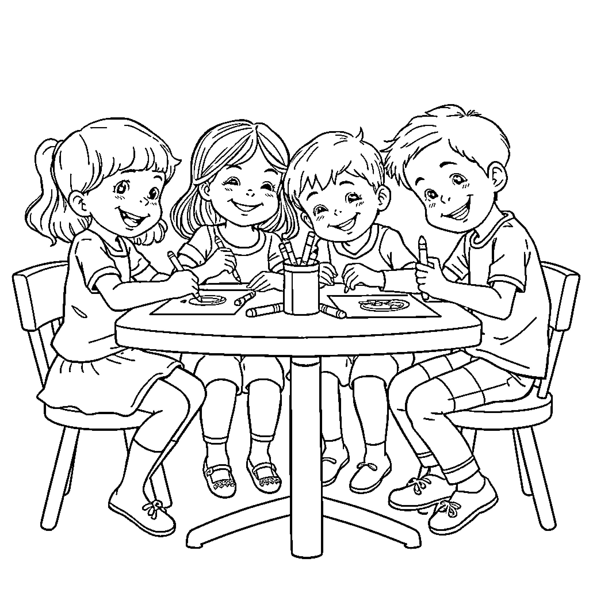 Enfant friends enjoying a meal together Coloring Page (free black-and-white line drawing printable PDF for all, from beginners to advanced learners, including children, teens, adults, and seniors)
