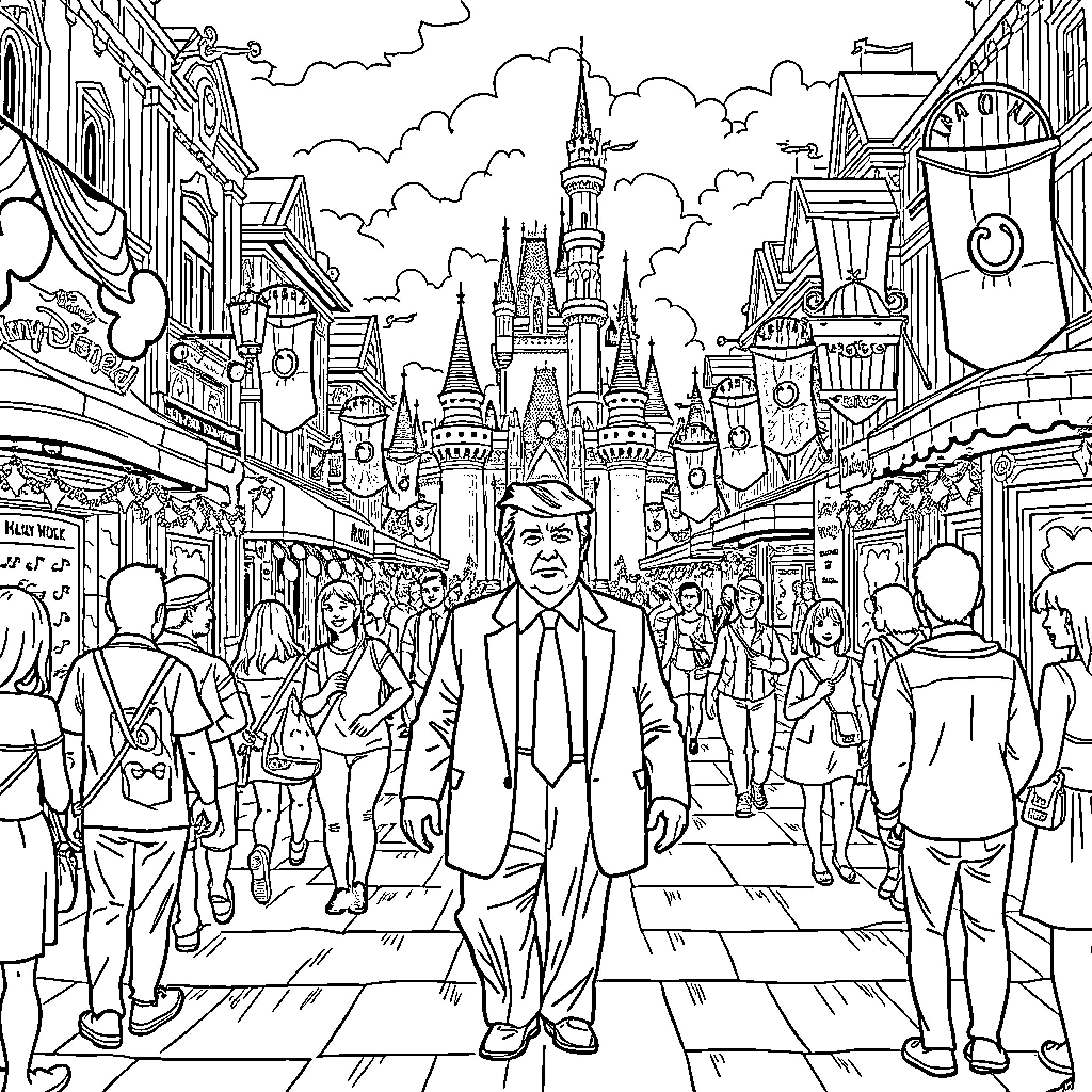 Trump Strolls Through a Whimsical Theme Park Wonderland Coloring Page (free black-and-white line drawing printable PDF for all, from beginners to advanced learners, including children, teens, adults, and seniors)
