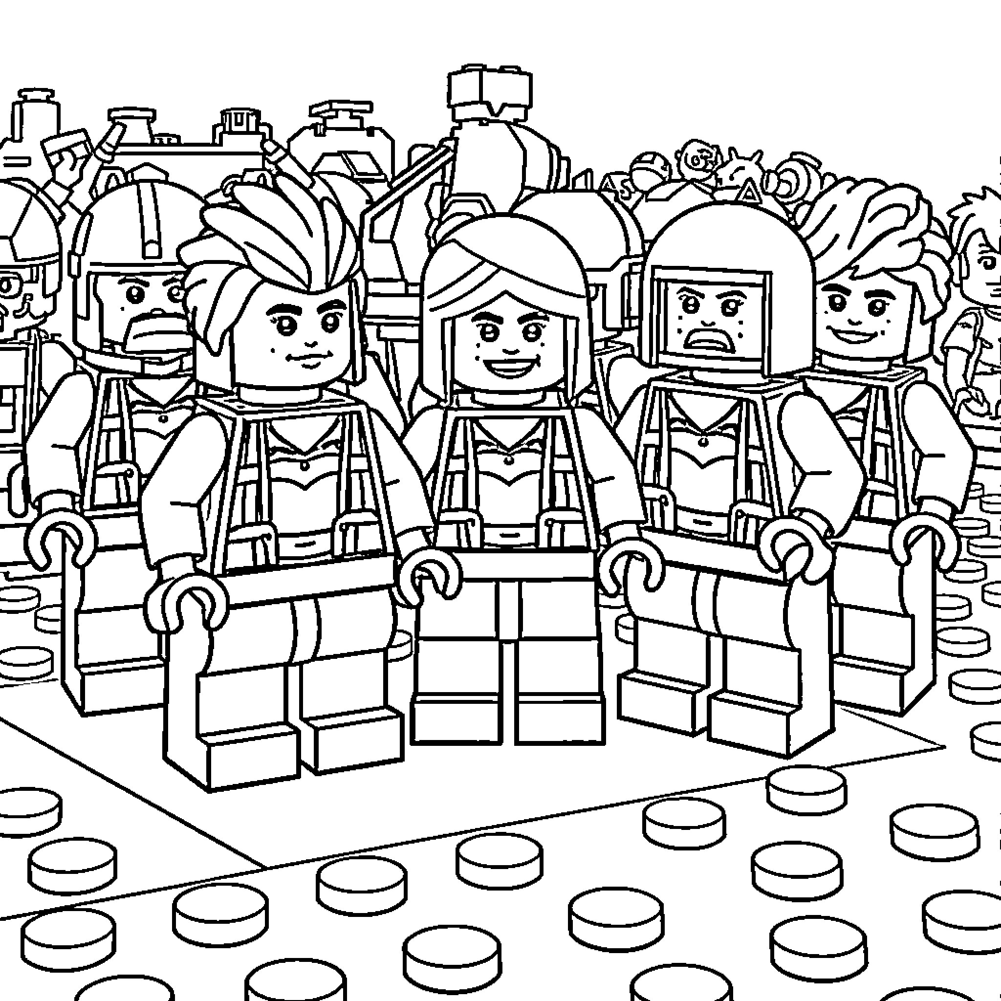 LEGO Minifigure characters in action poses Coloring Page (free black-and-white line drawing printable PDF for all, from beginners to advanced learners, including children, teens, adults, and seniors)