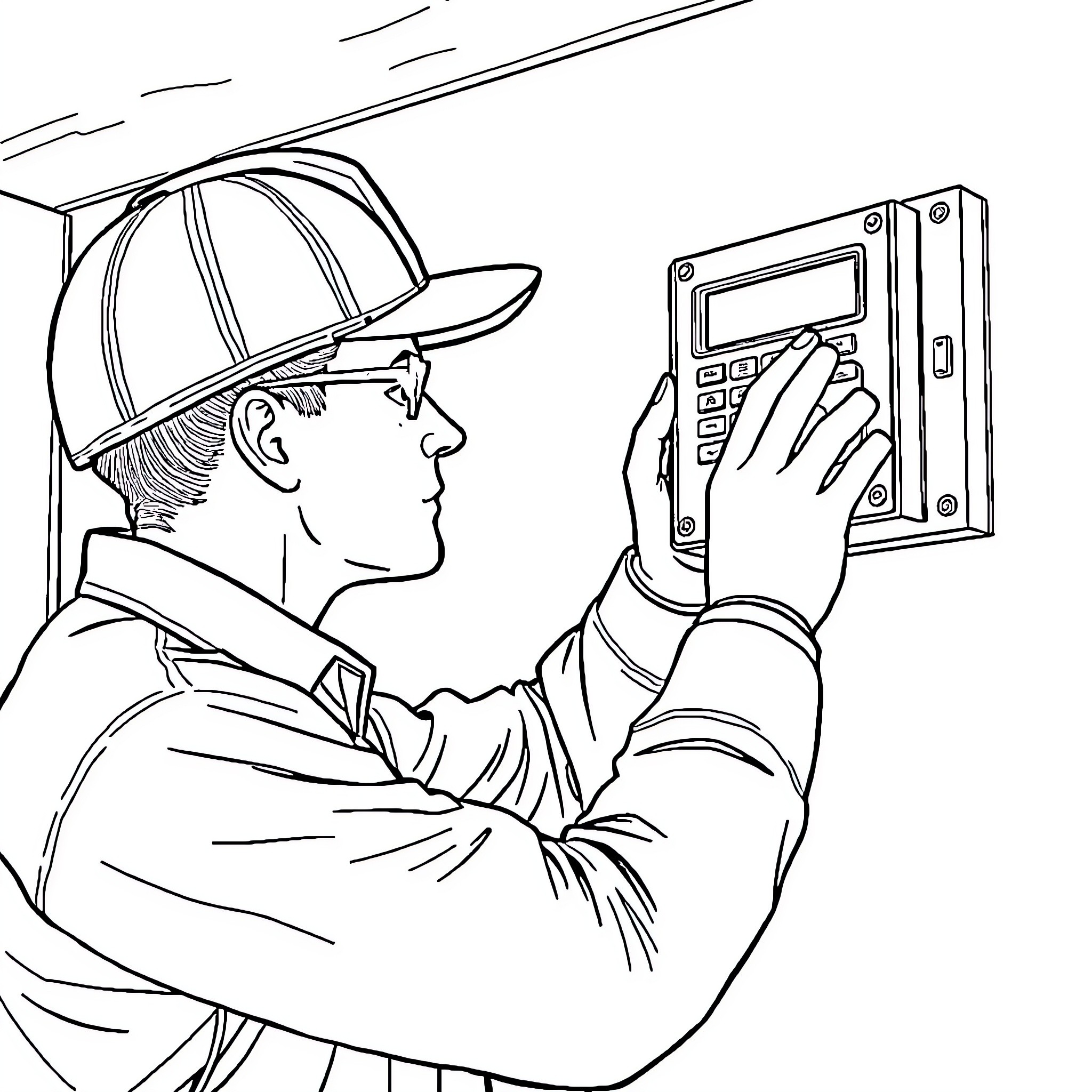Fire Alarm Technician Inspecting Control Panel Coloring Page (free black-and-white line drawing printable PDF for all, from beginners to advanced learners, including children, teens, adults, and seniors)