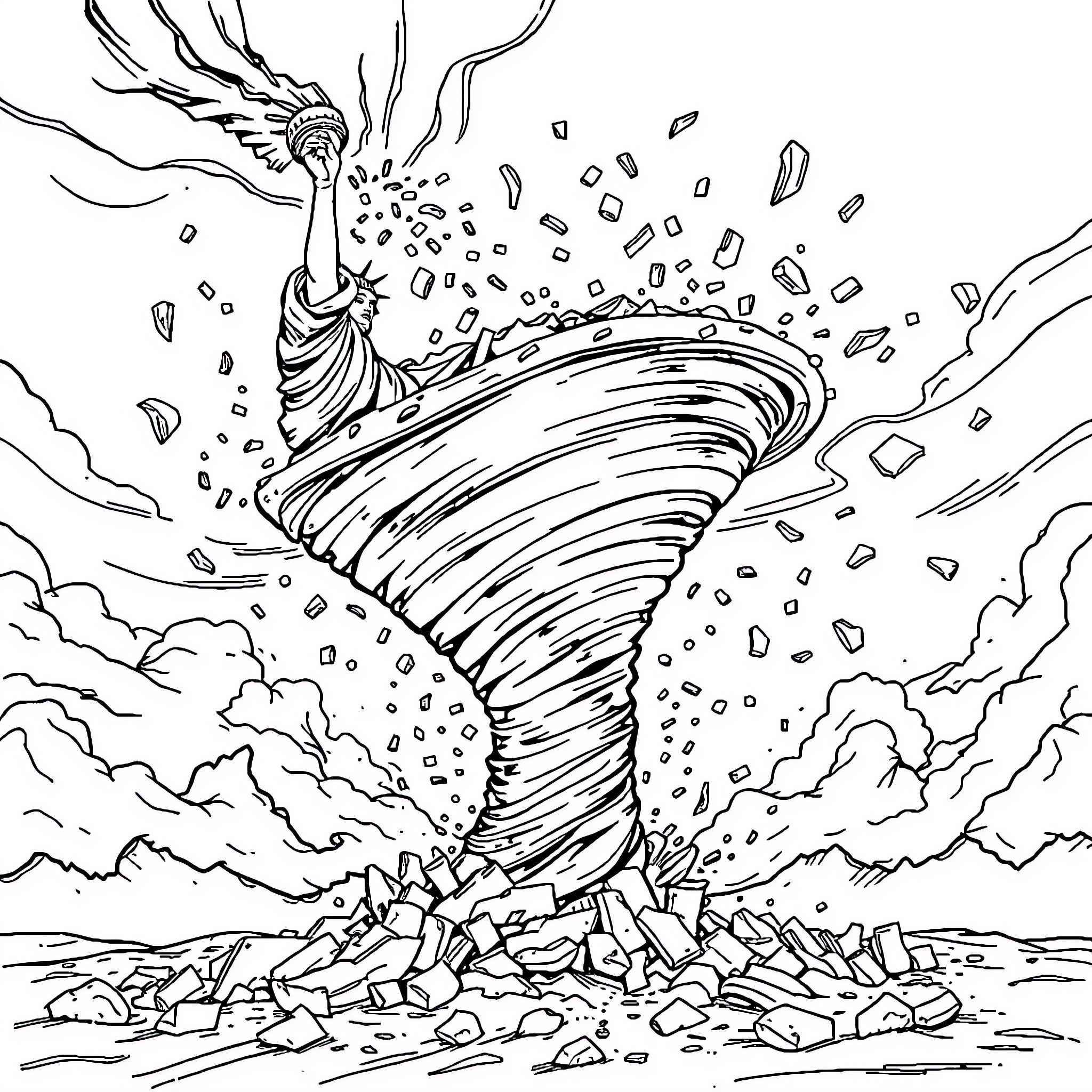 Tornado of destruction raging through the landscape Coloring Page (free black-and-white line drawing printable PDF for all, from beginners to advanced learners, including children, teens, adults, and seniors)