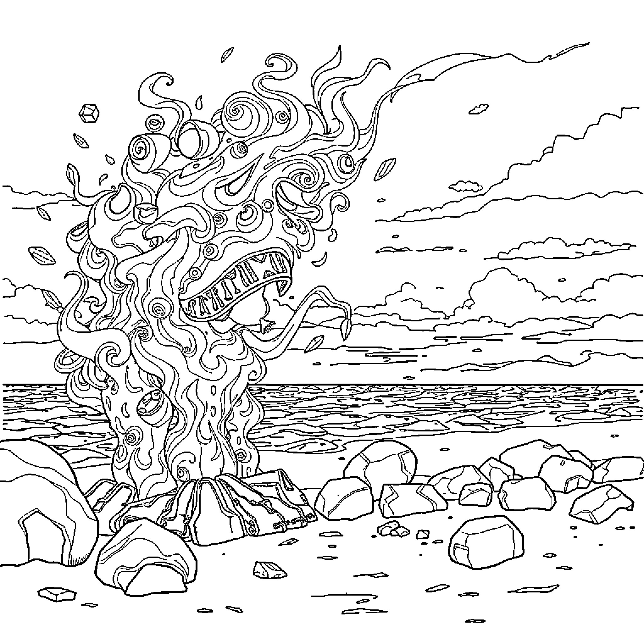 Toro's Fiery Seascape Coloring Page (free black-and-white line drawing printable PDF for all, from beginners to advanced learners, including children, teens, adults, and seniors)