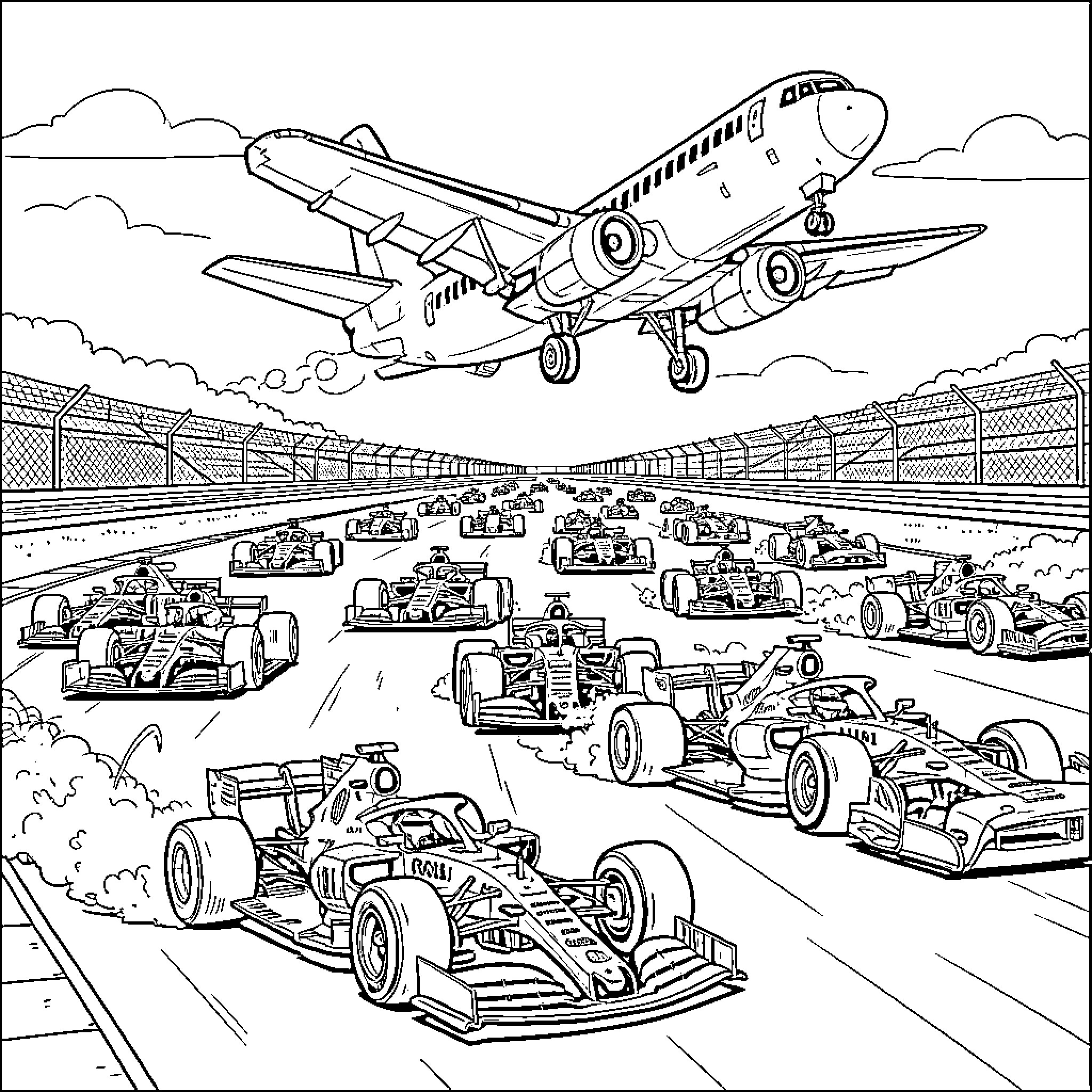 Formula 1 race cars speeding under a low flying airplane Coloring Page (free black-and-white line drawing printable PDF for all, from beginners to advanced learners, including children, teens, adults, and seniors)