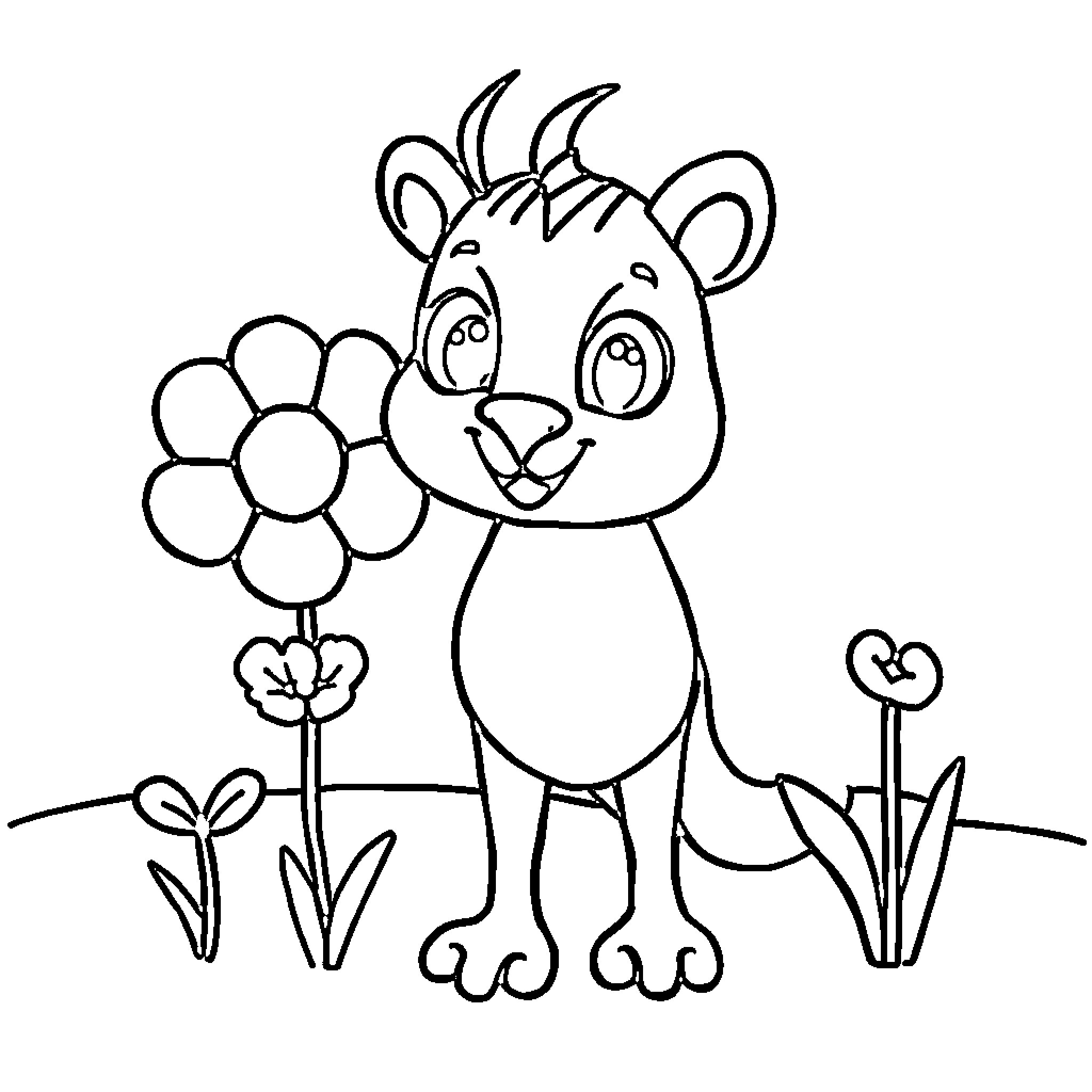 Simple playful animal with flowers Coloring Page (free black-and-white line drawing printable PDF for all, from beginners to advanced learners, including children, teens, adults, and seniors)
