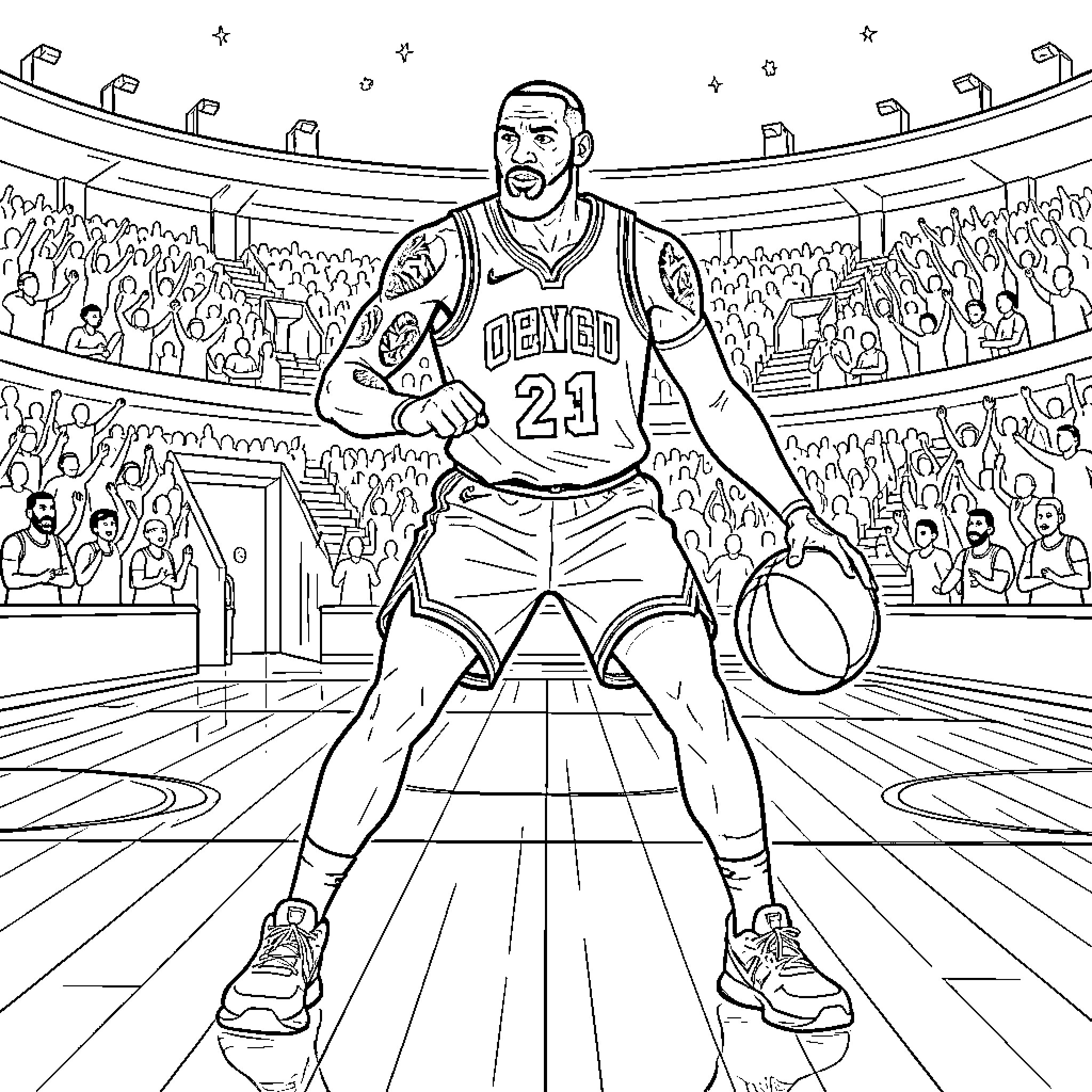 LeBron Dominating on the Basketball Court Coloring Page (free black-and-white line drawing printable PDF for all, from beginners to advanced learners, including children, teens, adults, and seniors)