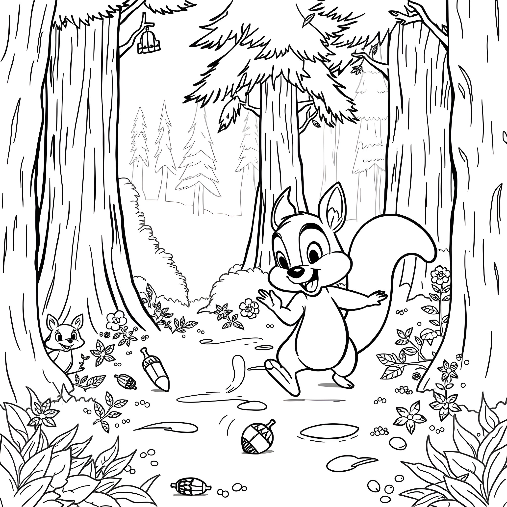 Chip the squirrel exploring the forest Coloring Page (free black-and-white line drawing printable PDF for all, from beginners to advanced learners, including children, teens, adults, and seniors)