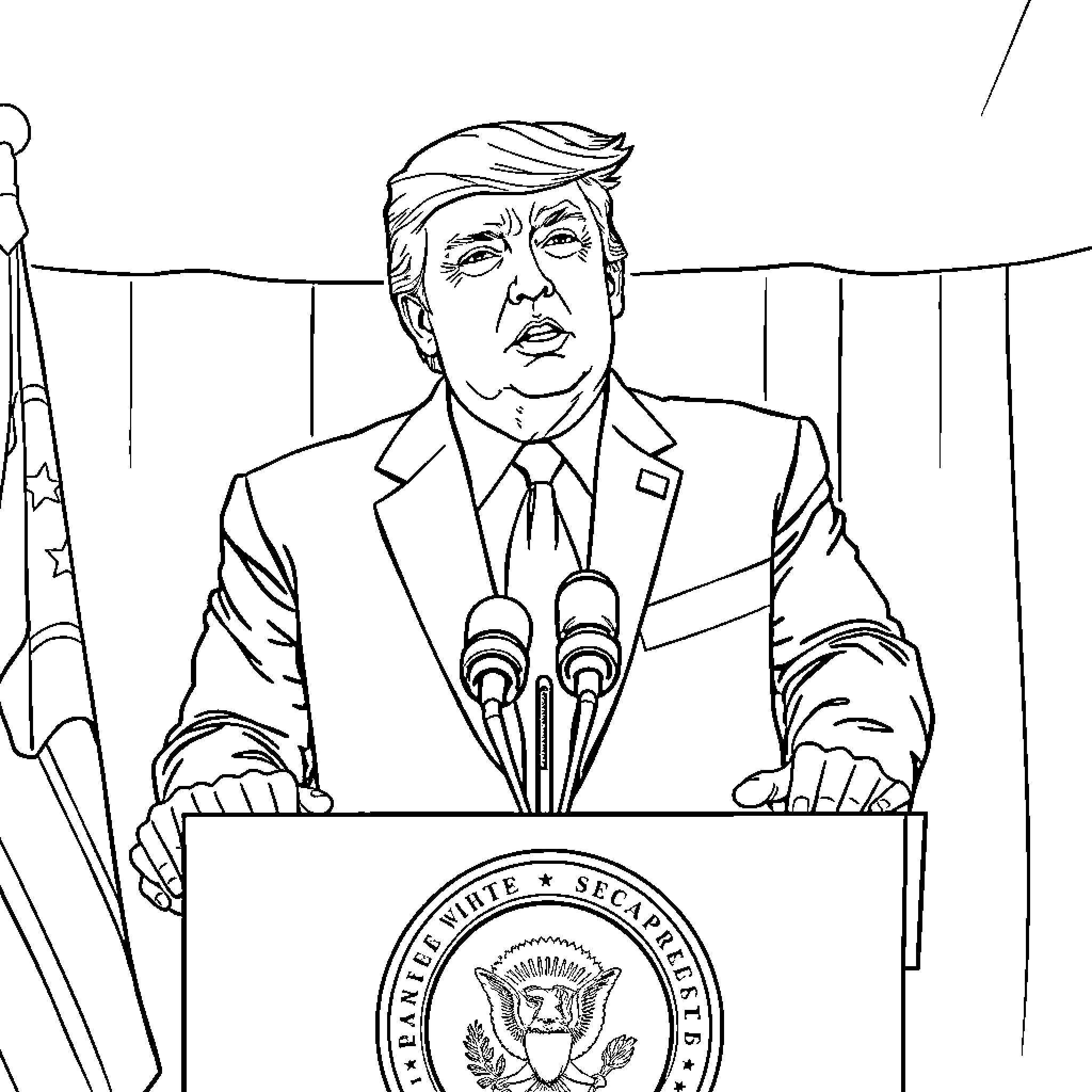 Donald Trump speaking at a podium with the presidential seal Coloring Page (free black-and-white line drawing printable PDF for all, from beginners to advanced learners, including children, teens, adults, and seniors)