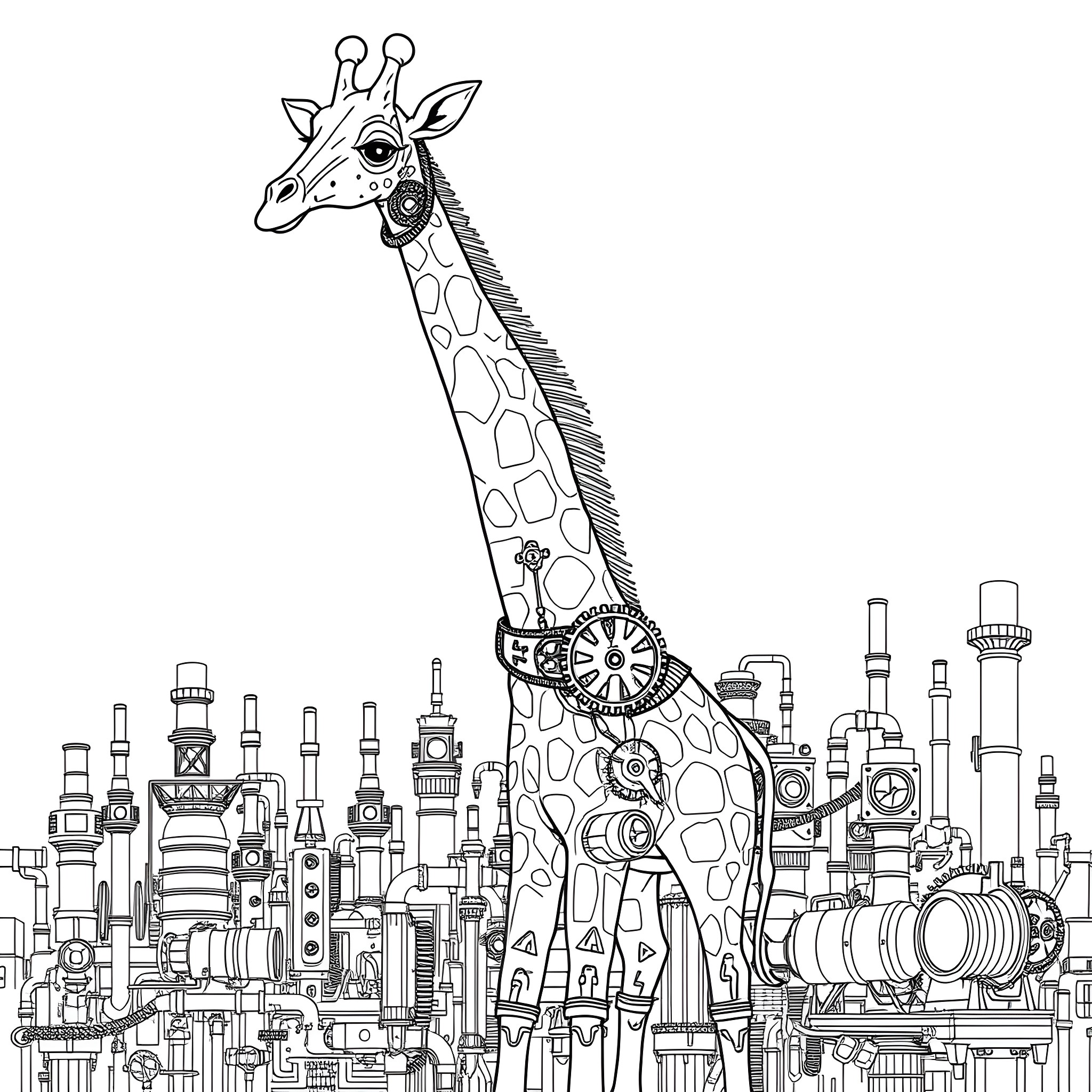 Giraffe exploring a whimsical mechanical city Coloring Page (free black-and-white line drawing printable PDF for all, from beginners to advanced learners, including children, teens, adults, and seniors)