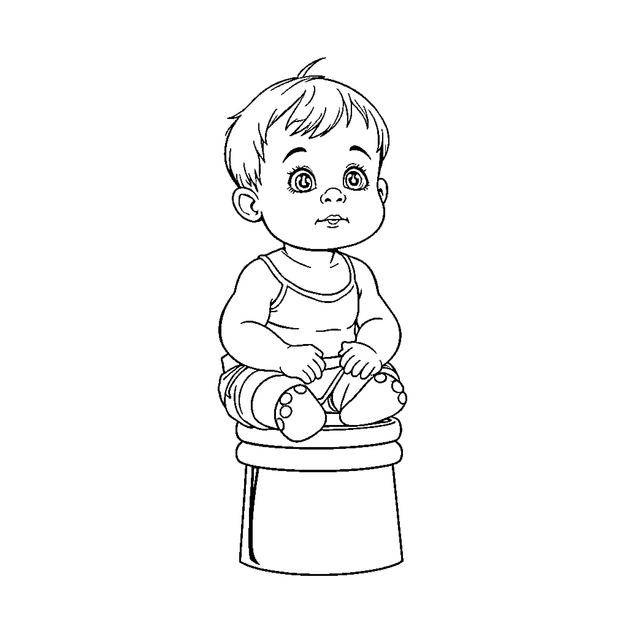 Toddler sitting on stool with thoughtful expression Coloring Page (free black-and-white line drawing printable PDF for all, from beginners to advanced learners, including children, teens, adults, and seniors)