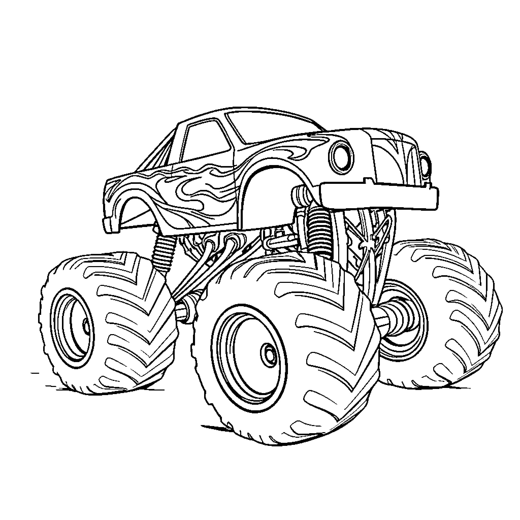 Monster Truck Soaring over Obstacles Coloring Page (free black-and-white line drawing printable PDF for all, from beginners to advanced learners, including children, teens, adults, and seniors)