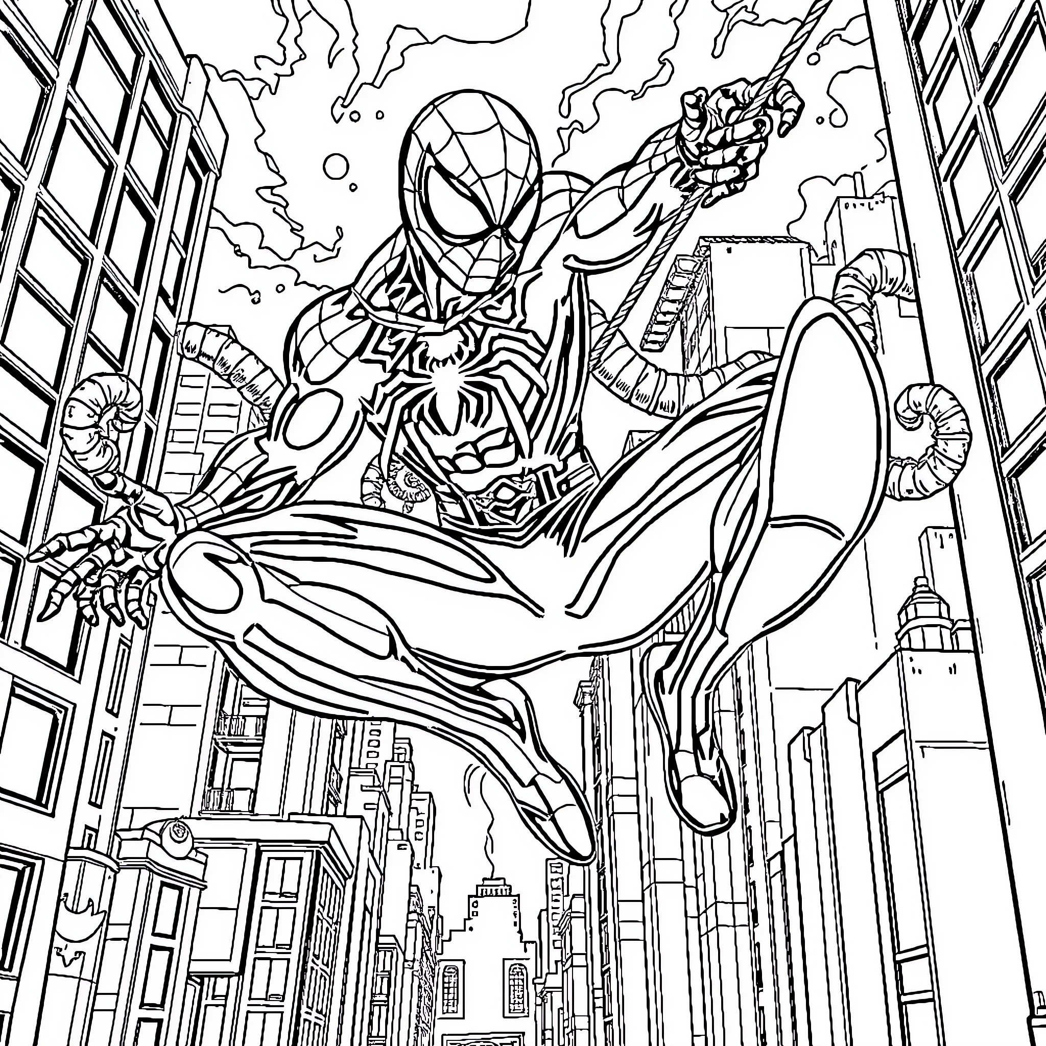 Spider hero swinging through the city streets Coloring Page (free black-and-white line drawing printable PDF for all, from beginners to advanced learners, including children, teens, adults, and seniors)