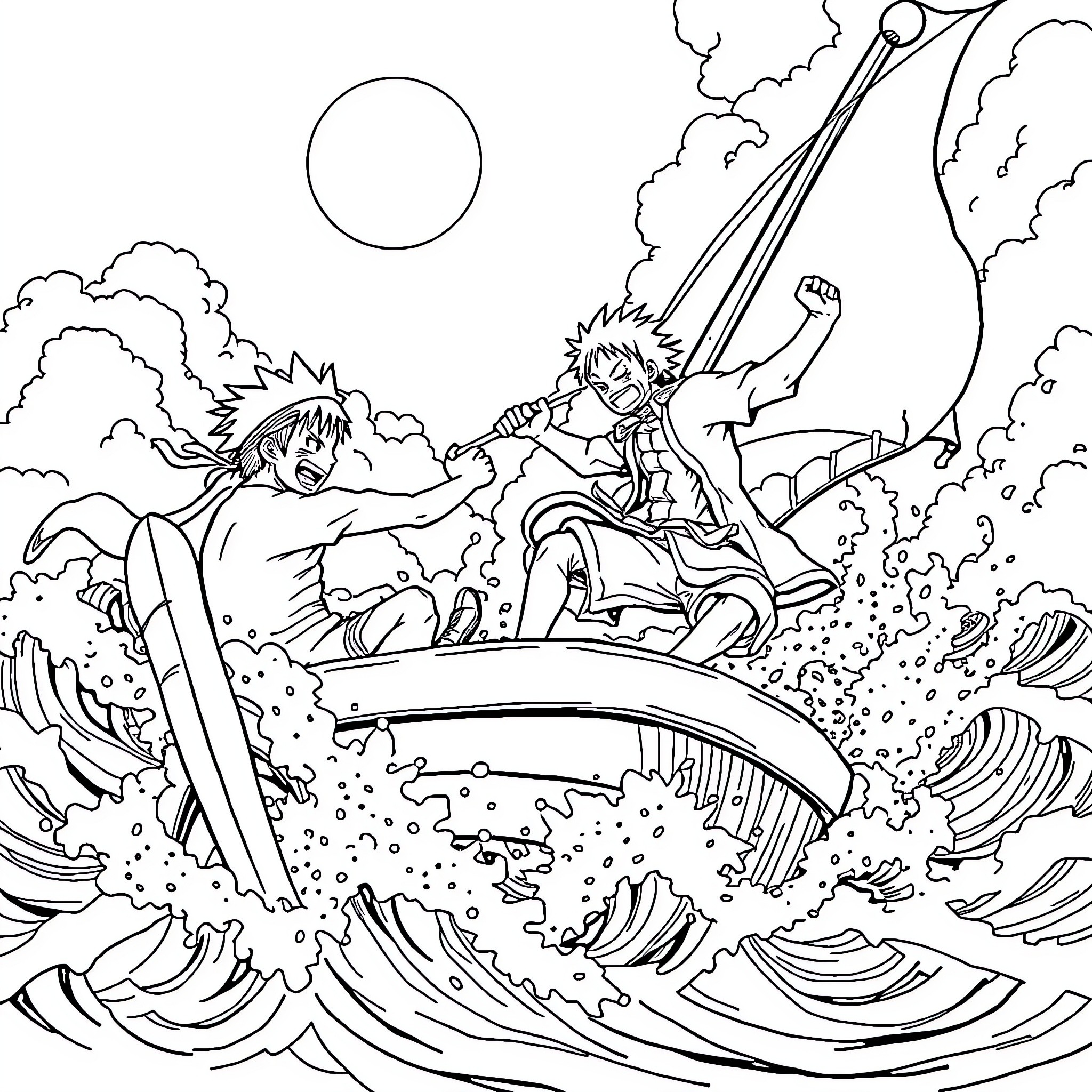 Naruto characters surfing through stormy waves Coloring Page (free black-and-white line drawing printable PDF for all, from beginners to advanced learners, including children, teens, adults, and seniors)
